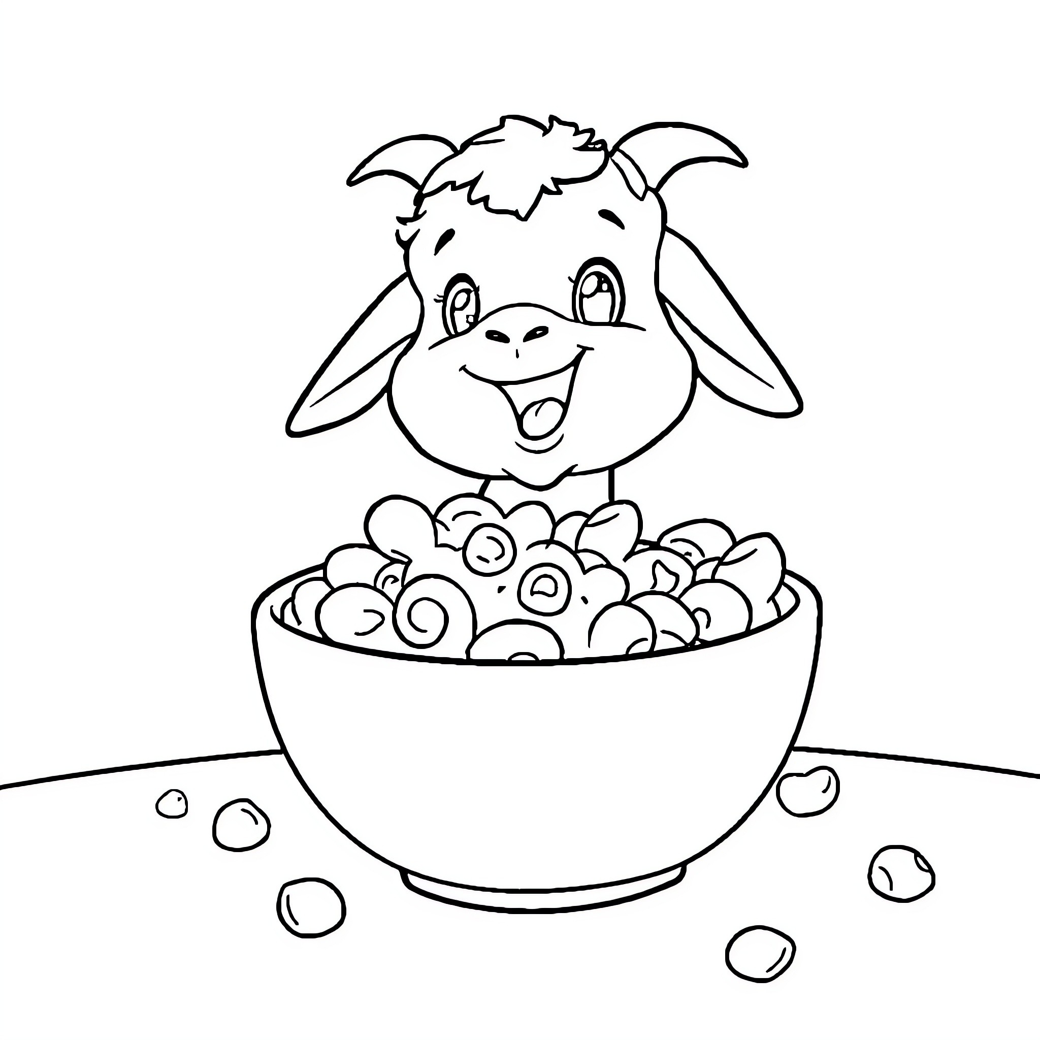 Goat peering happily from a bowl of treats Coloring Page (free black-and-white line drawing printable PDF for all, from beginners to advanced learners, including children, teens, adults, and seniors)