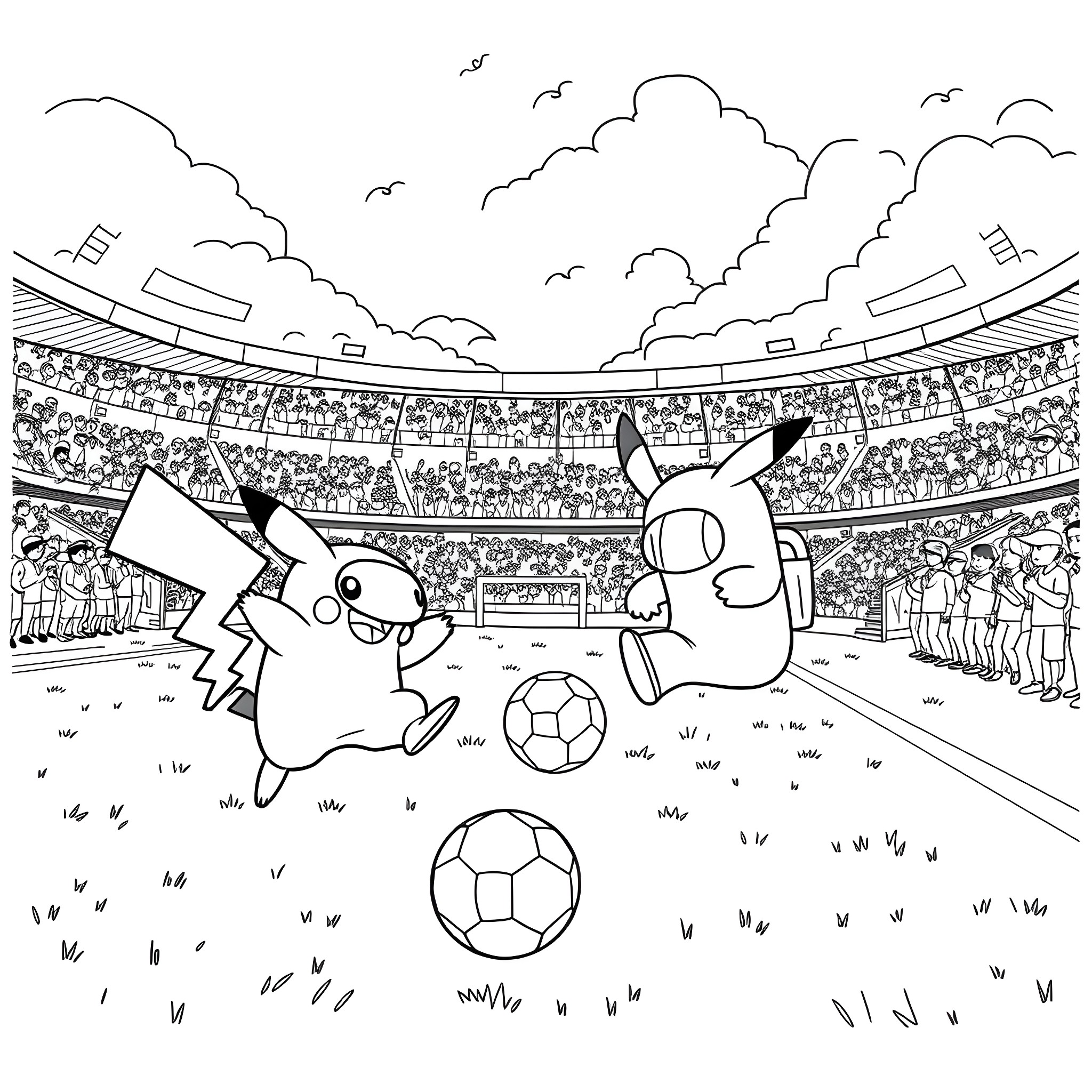 Pikachu and Raichu playing soccer in a stadium Coloring Page (free black-and-white line drawing printable PDF for all, from beginners to advanced learners, including children, teens, adults, and seniors)