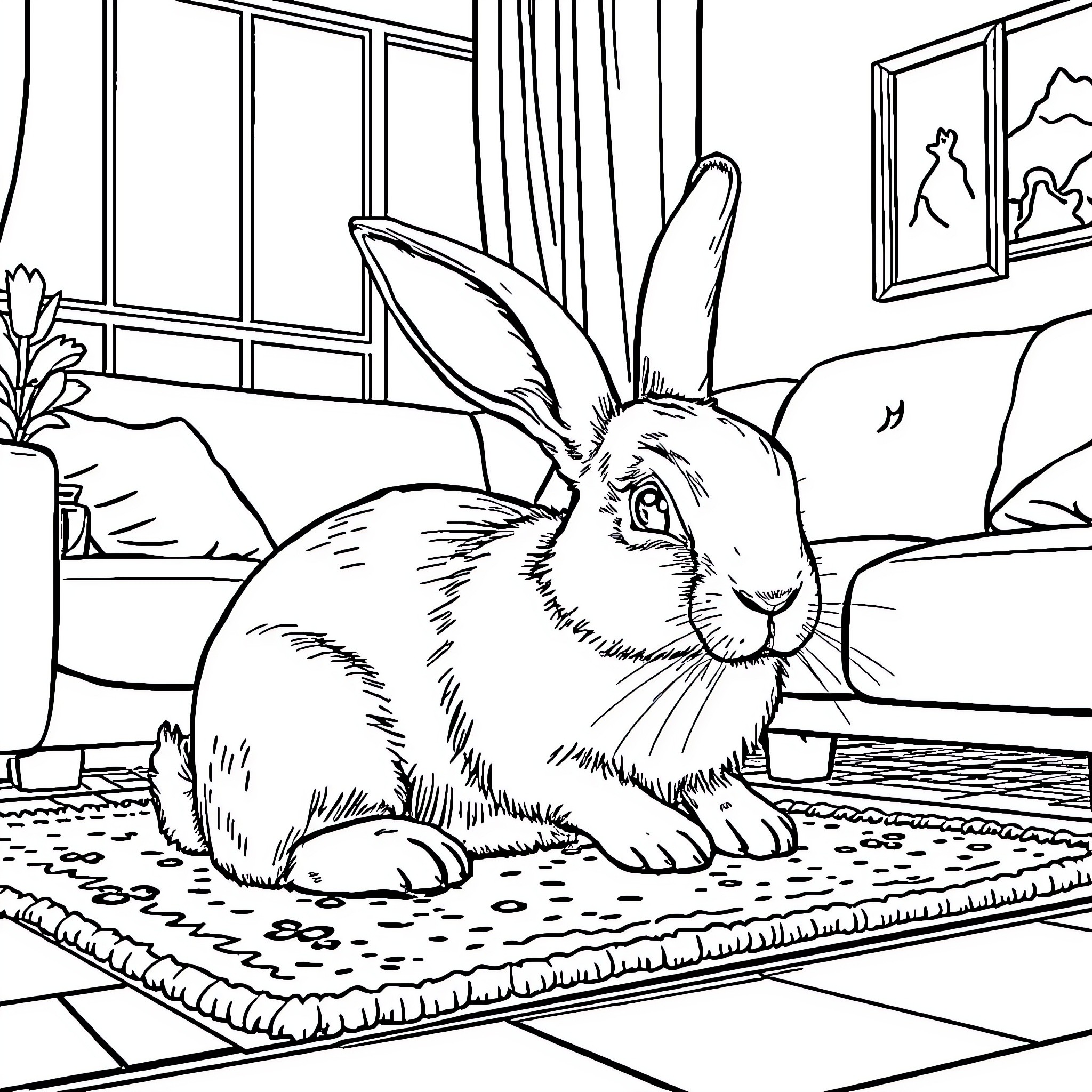 Rabbit resting peacefully in cozy indoor setting Coloring Page (free black-and-white line drawing printable PDF for all, from beginners to advanced learners, including children, teens, adults, and seniors)