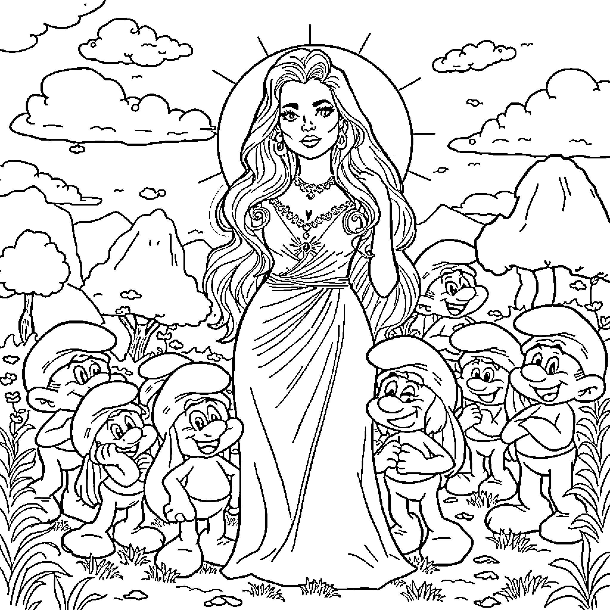 Madonna amidst enchanting fantasy landscape Coloring Page (free black-and-white line drawing printable PDF for all, from beginners to advanced learners, including children, teens, adults, and seniors)