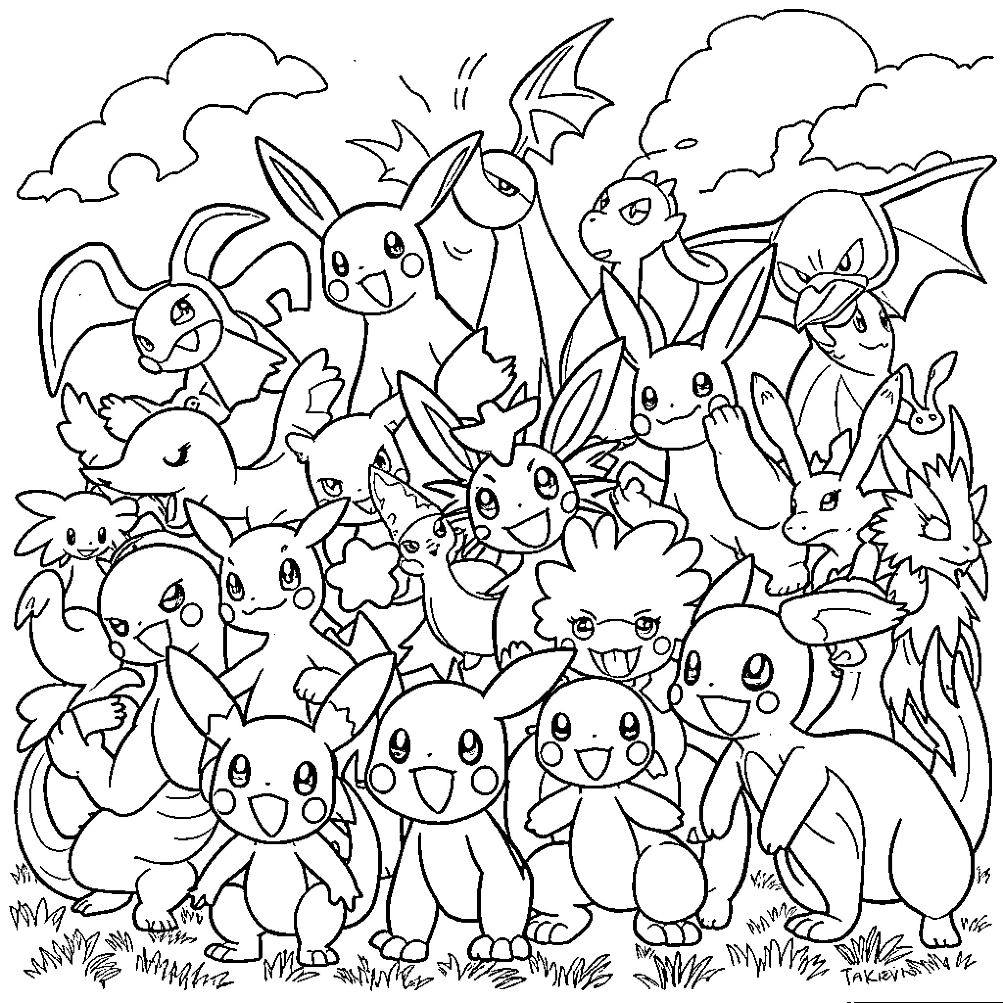 Pokémon characters in a whimsical outdoor scene Coloring Page (free black-and-white line drawing printable PDF for all, from beginners to advanced learners, including children, teens, adults, and seniors)