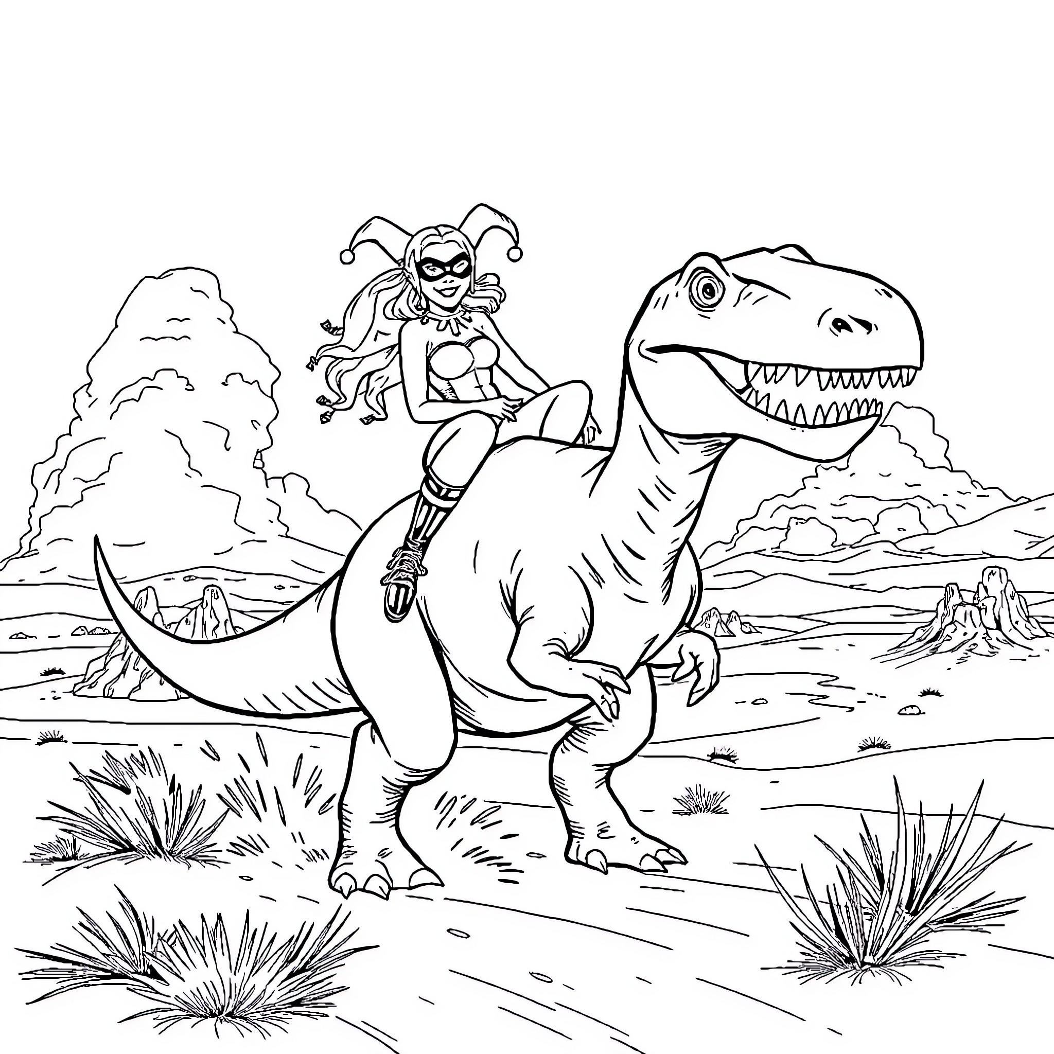 Harley Quinn riding a ferocious dinosaur in the wild Coloring Page (free black-and-white line drawing printable PDF for all, from beginners to advanced learners, including children, teens, adults, and seniors)