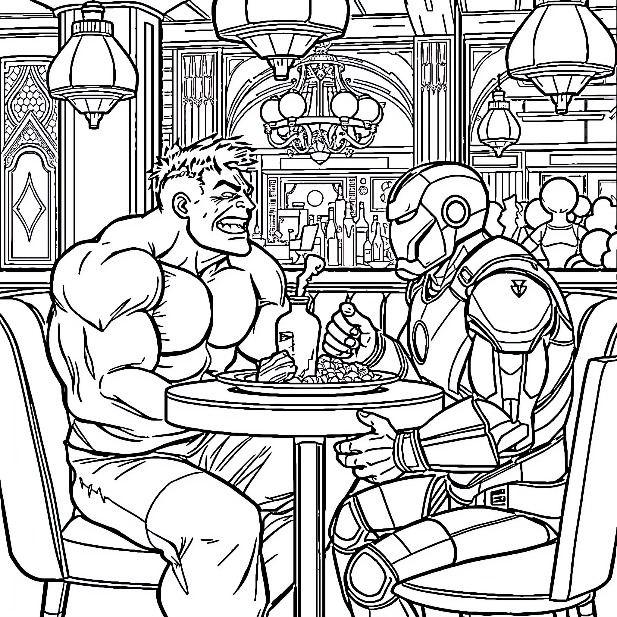 Hulk enjoying a meal with Robot companion in futuristic diner Coloring Page (free black-and-white line drawing printable PDF for all, from beginners to advanced learners, including children, teens, adults, and seniors)