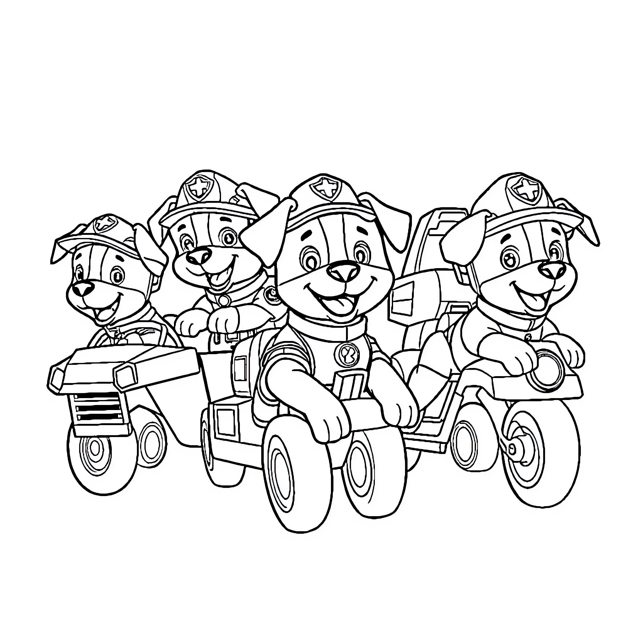 Paw Patrol puppies on rescue vehicles Coloring Page (free black-and-white line drawing printable PDF for all, from beginners to advanced learners, including children, teens, adults, and seniors)
