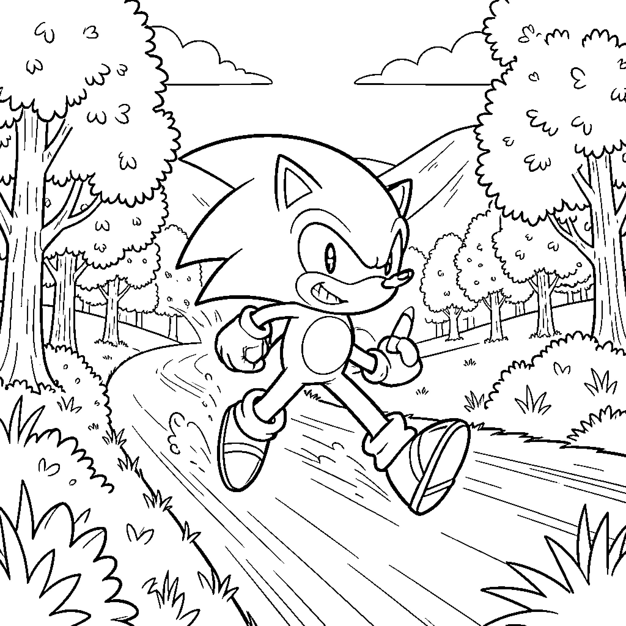 Sonic running energetically along a path through the woods Coloring Page (free black-and-white line drawing printable PDF for all, from beginners to advanced learners, including children, teens, adults, and seniors)