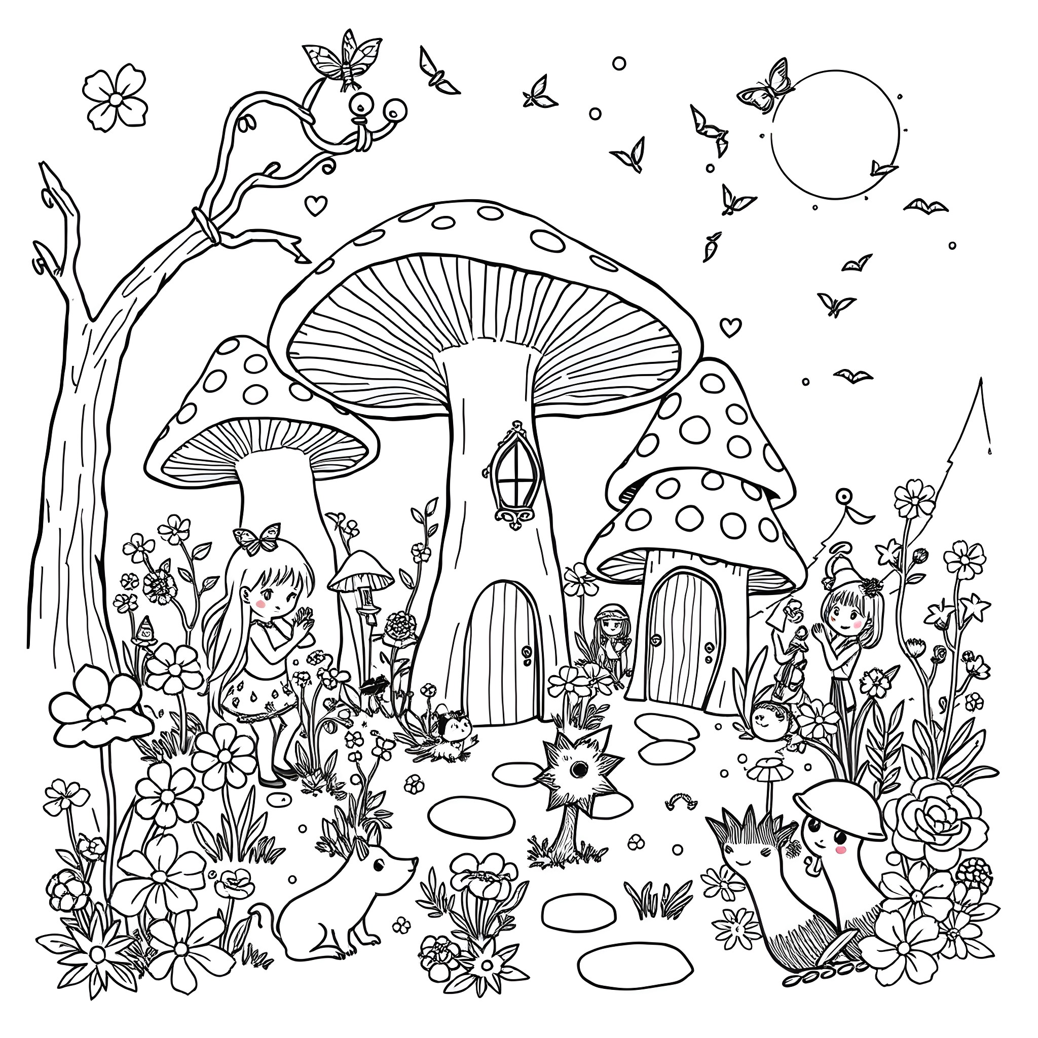 Fairy Tale Mushroom Wonderland Coloring Page (free black-and-white line drawing printable PDF for all, from beginners to advanced learners, including children, teens, adults, and seniors)