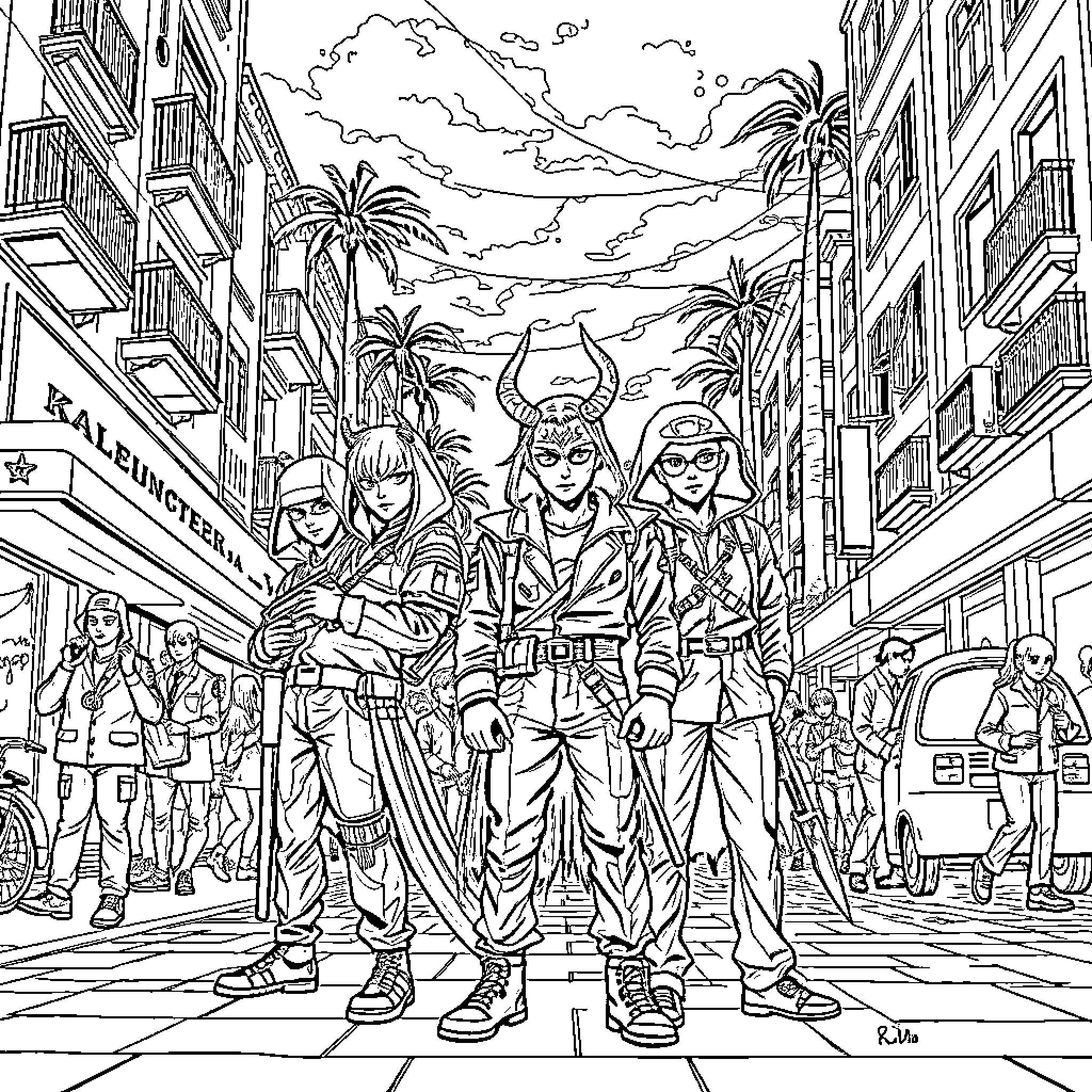 Demon Hunters Battling Supernatural Forces in the City Coloring Page (free black-and-white line drawing printable PDF for all, from beginners to advanced learners, including children, teens, adults, and seniors)