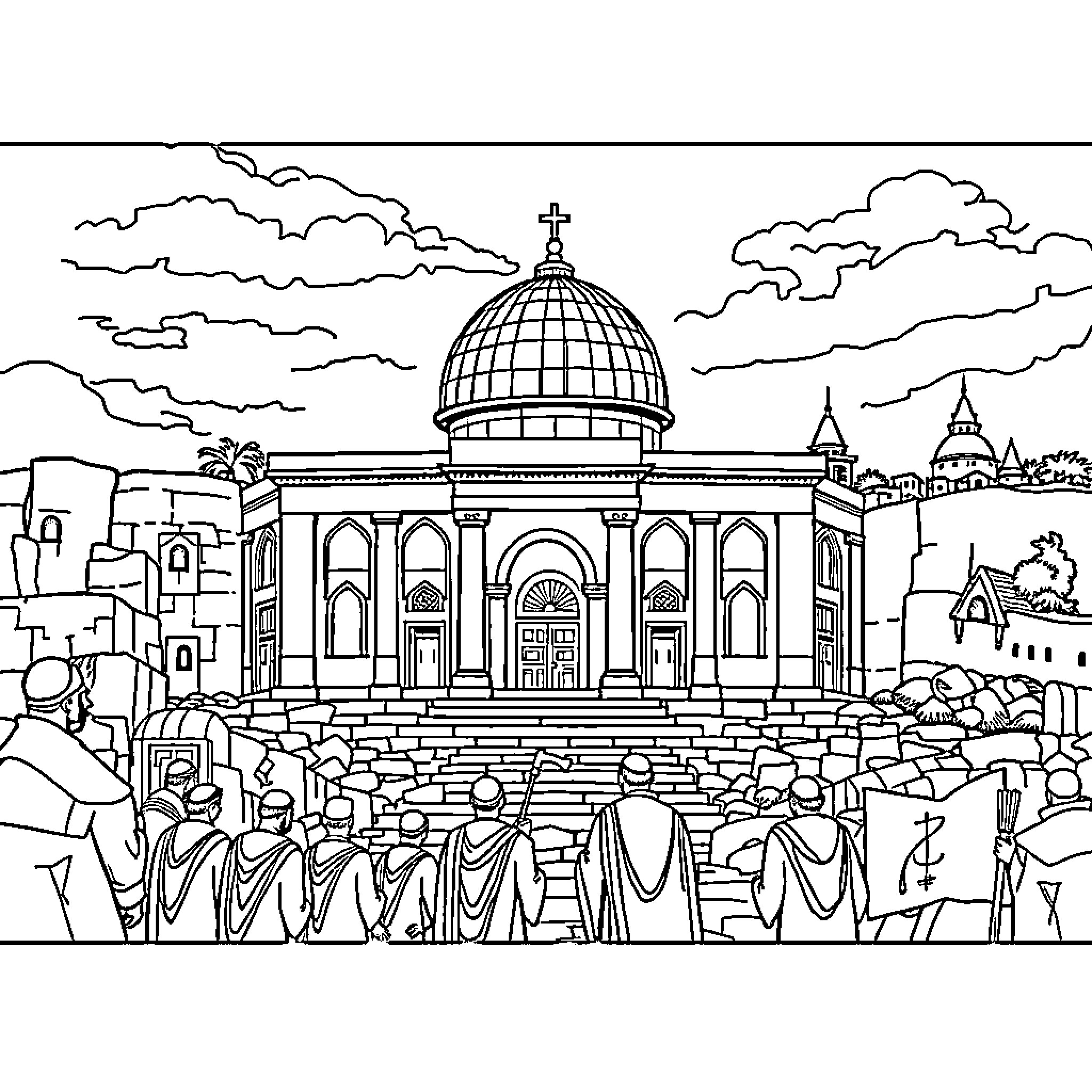 Temple of spiritual gathering with worshippers Coloring Page (free black-and-white line drawing printable PDF for all, from beginners to advanced learners, including children, teens, adults, and seniors)