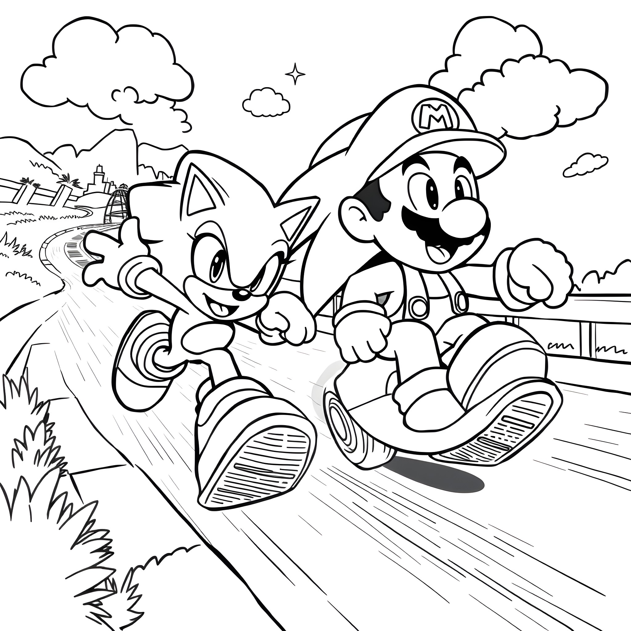 Sonic and Mario racing through the countryside Coloring Page (free black-and-white line drawing printable PDF for all, from beginners to advanced learners, including children, teens, adults, and seniors)