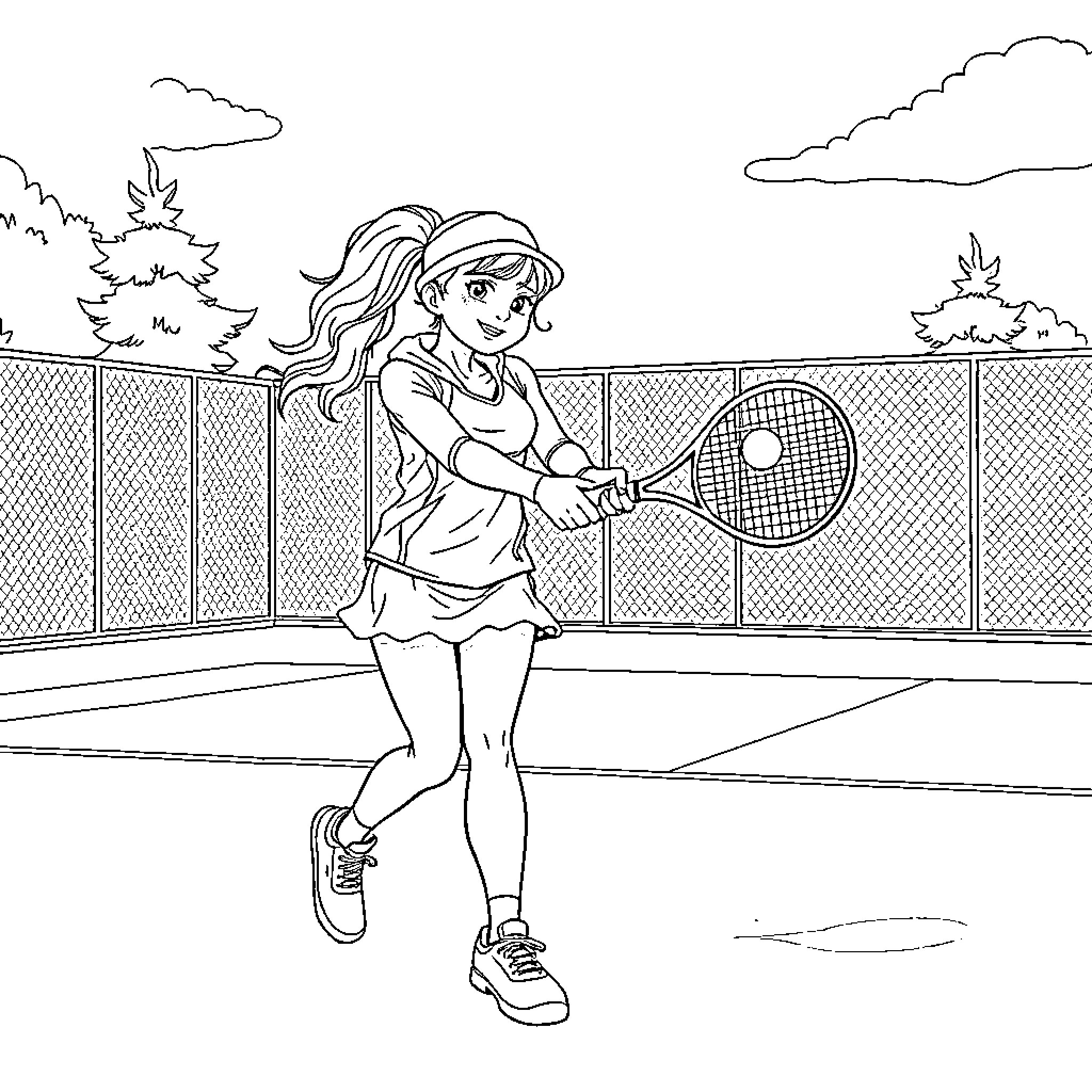 Anna playing tennis on the court Coloring Page (free black-and-white line drawing printable PDF for all, from beginners to advanced learners, including children, teens, adults, and seniors)