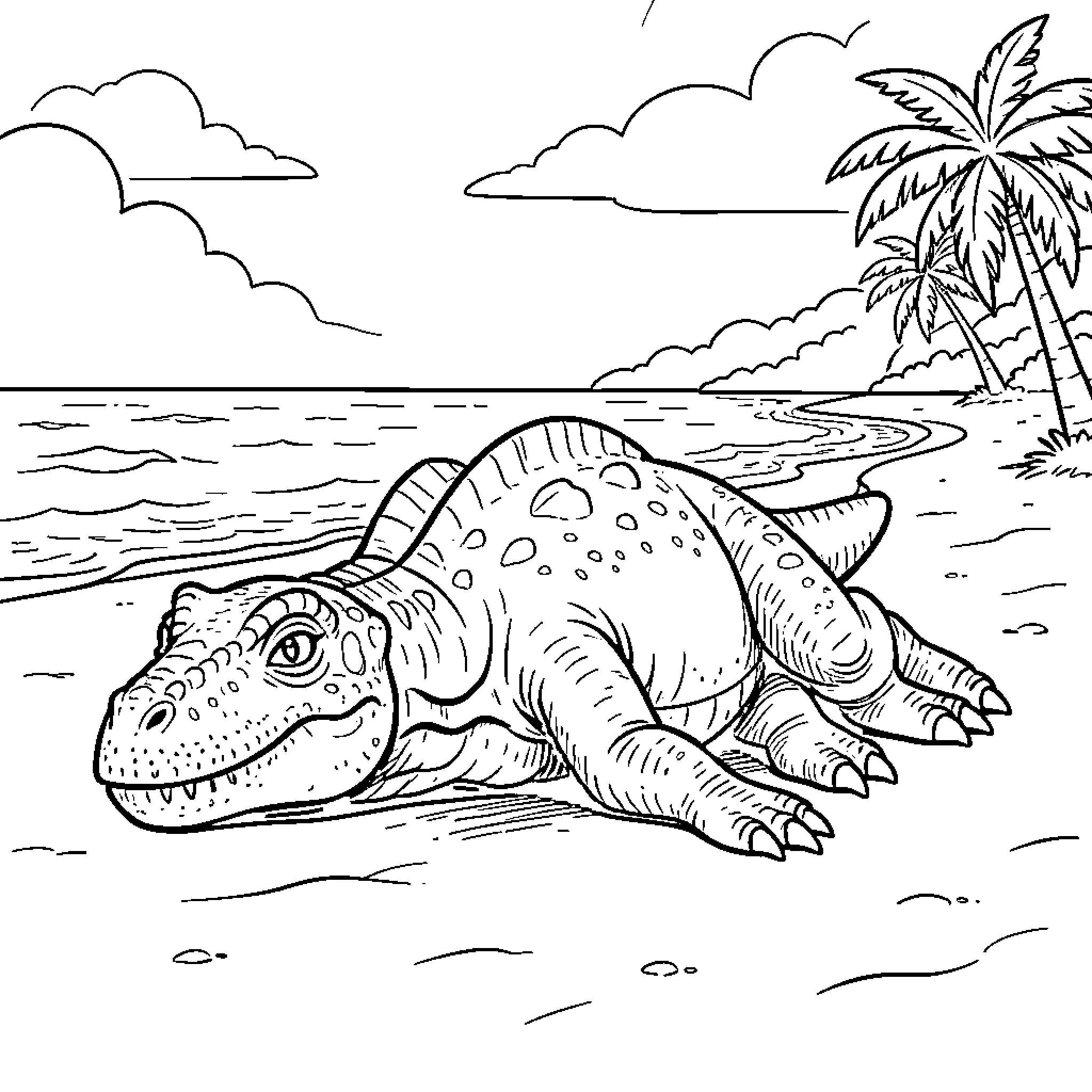 Dinosaur resting peacefully on a tropical beach Coloring Page (free black-and-white line drawing printable PDF for all, from beginners to advanced learners, including children, teens, adults, and seniors)