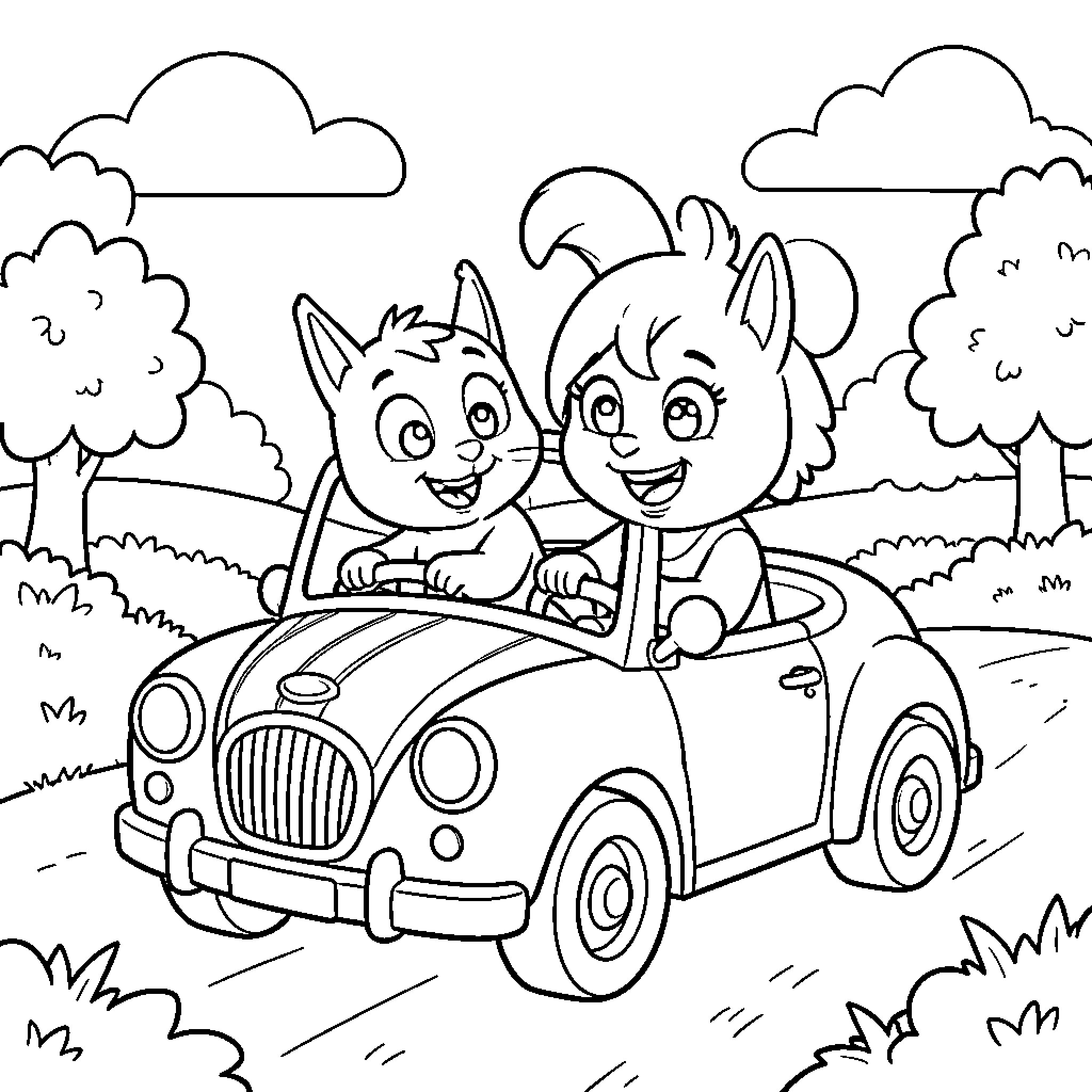 Bluey and Bingo driving in a car through the countryside Coloring Page (free black-and-white line drawing printable PDF for all, from beginners to advanced learners, including children, teens, adults, and seniors)