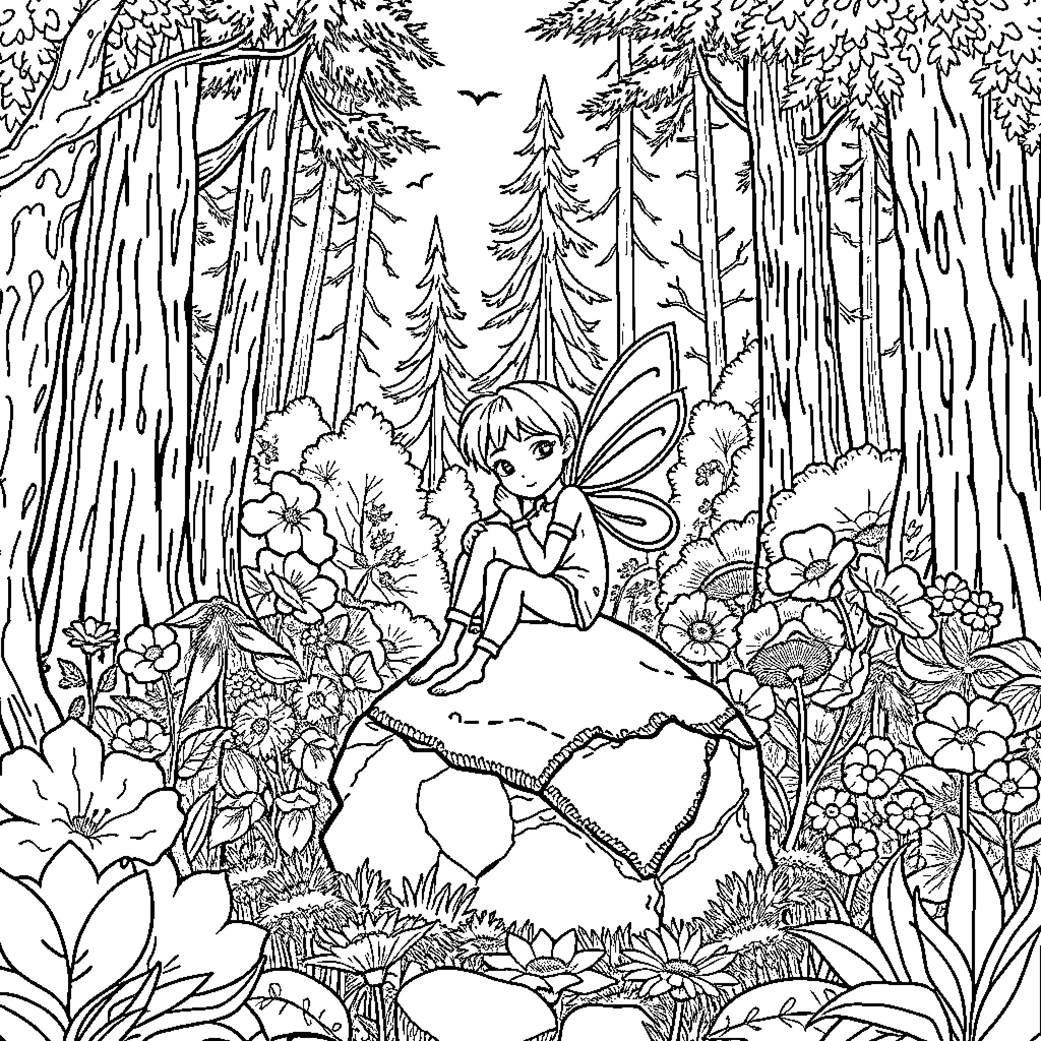 Fairy resting amidst enchanting forest flowers Coloring Page (free black-and-white line drawing printable PDF for all, from beginners to advanced learners, including children, teens, adults, and seniors)