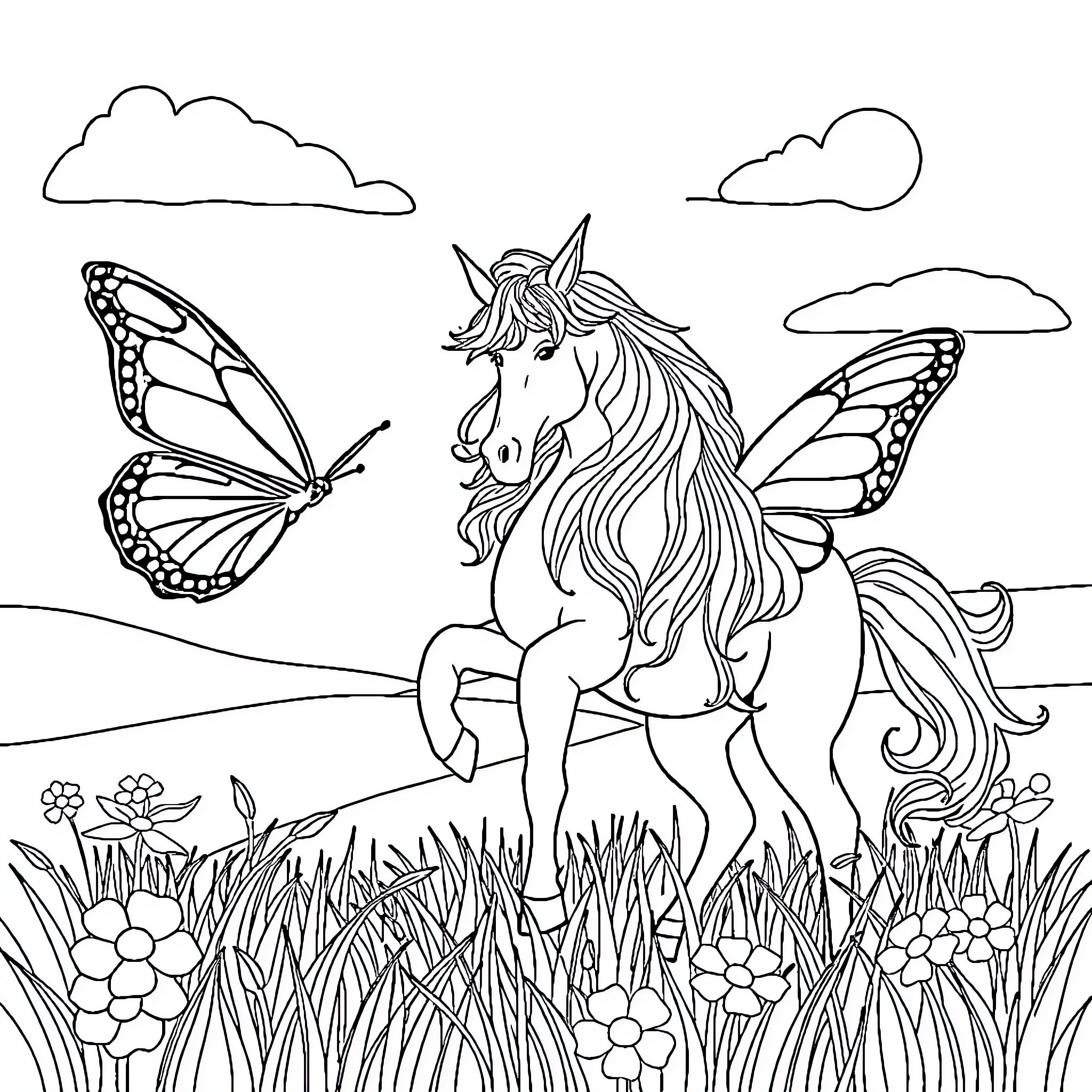 Butterfly Unicorn in a Flower-Filled Meadow Coloring Page (free black-and-white line drawing printable PDF for all, from beginners to advanced learners, including children, teens, adults, and seniors)