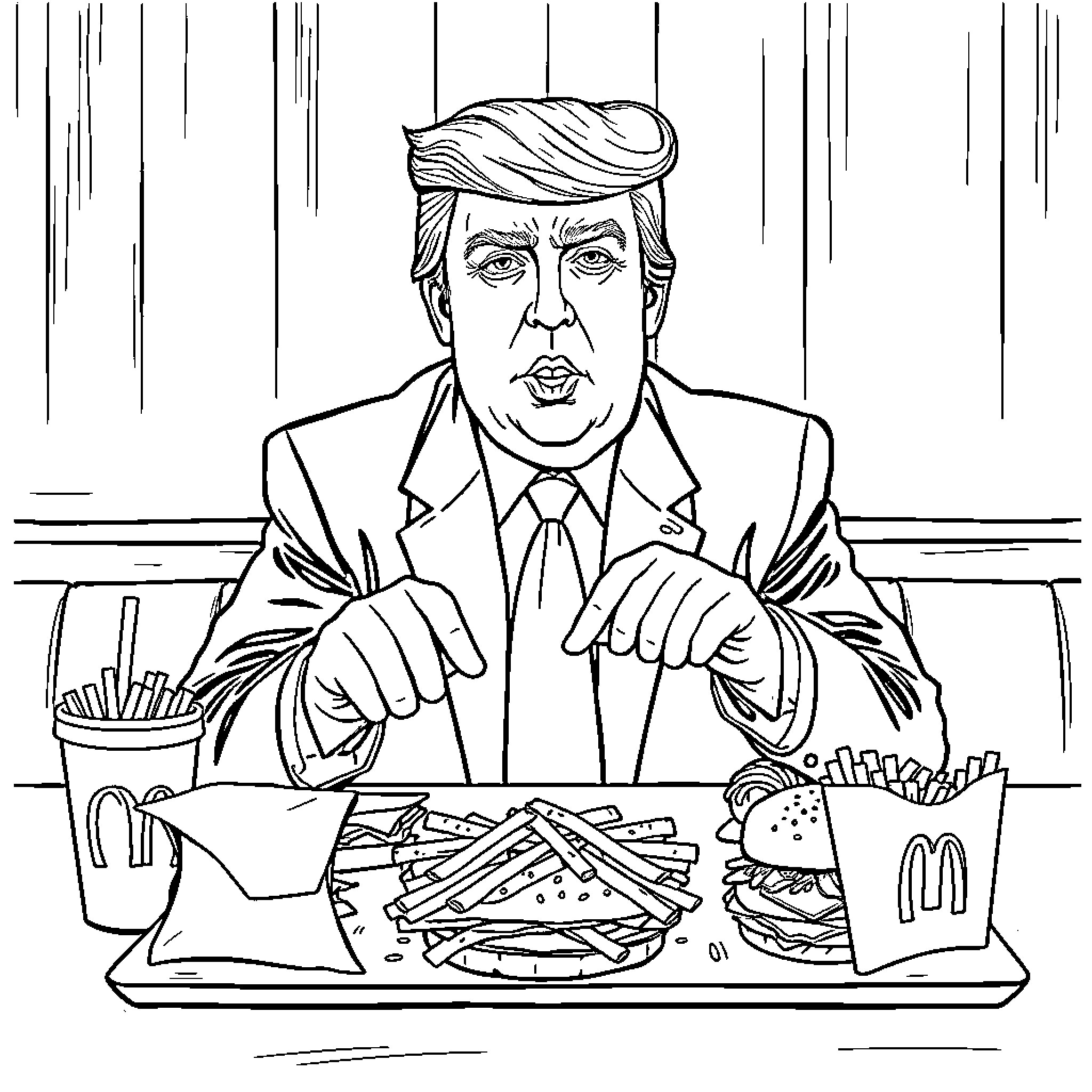 Donald Trump eating fast food at his desk Coloring Page (free black-and-white line drawing printable PDF for all, from beginners to advanced learners, including children, teens, adults, and seniors)