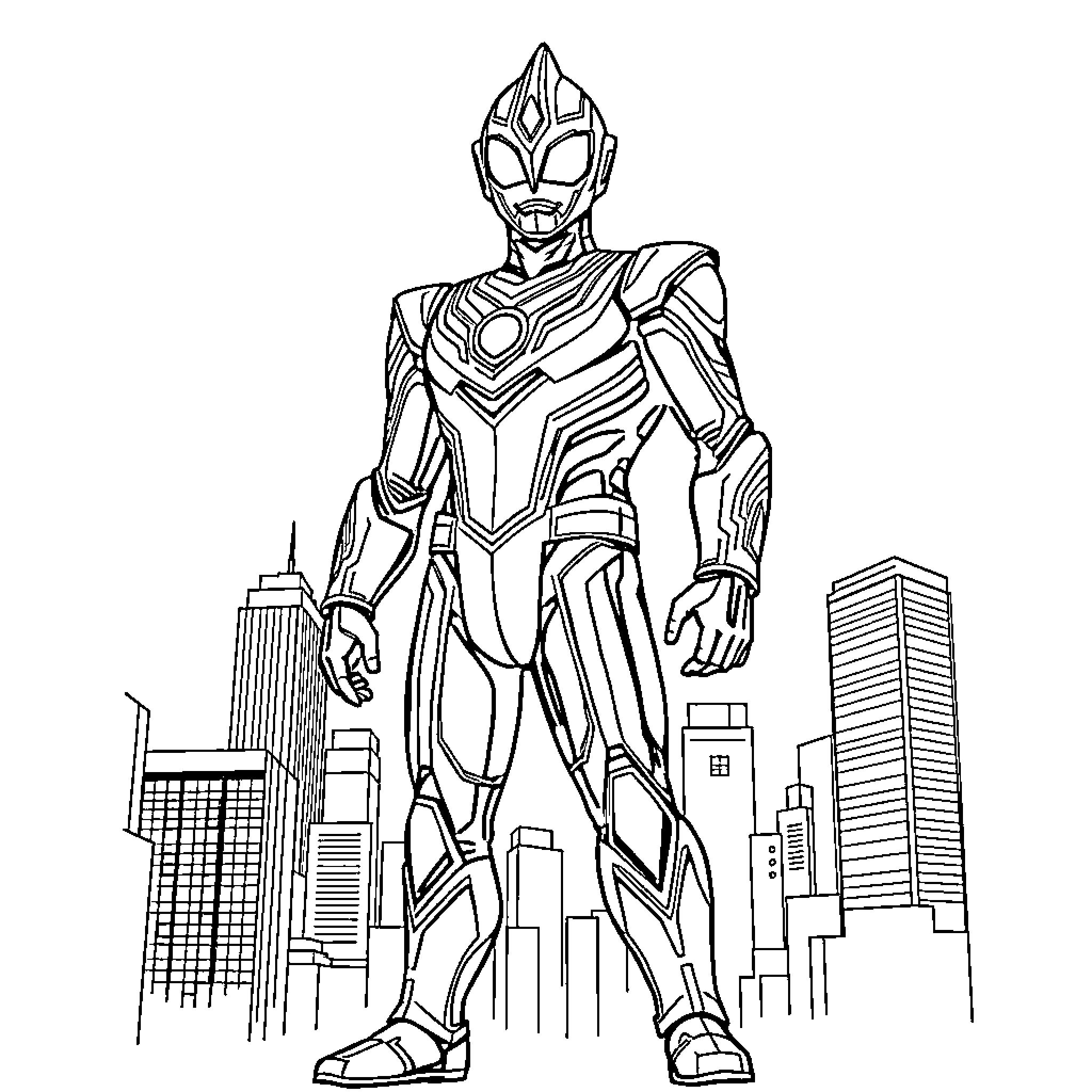 Ultraman Defending the City Coloring Page (free black-and-white line drawing printable PDF for all, from beginners to advanced learners, including children, teens, adults, and seniors)