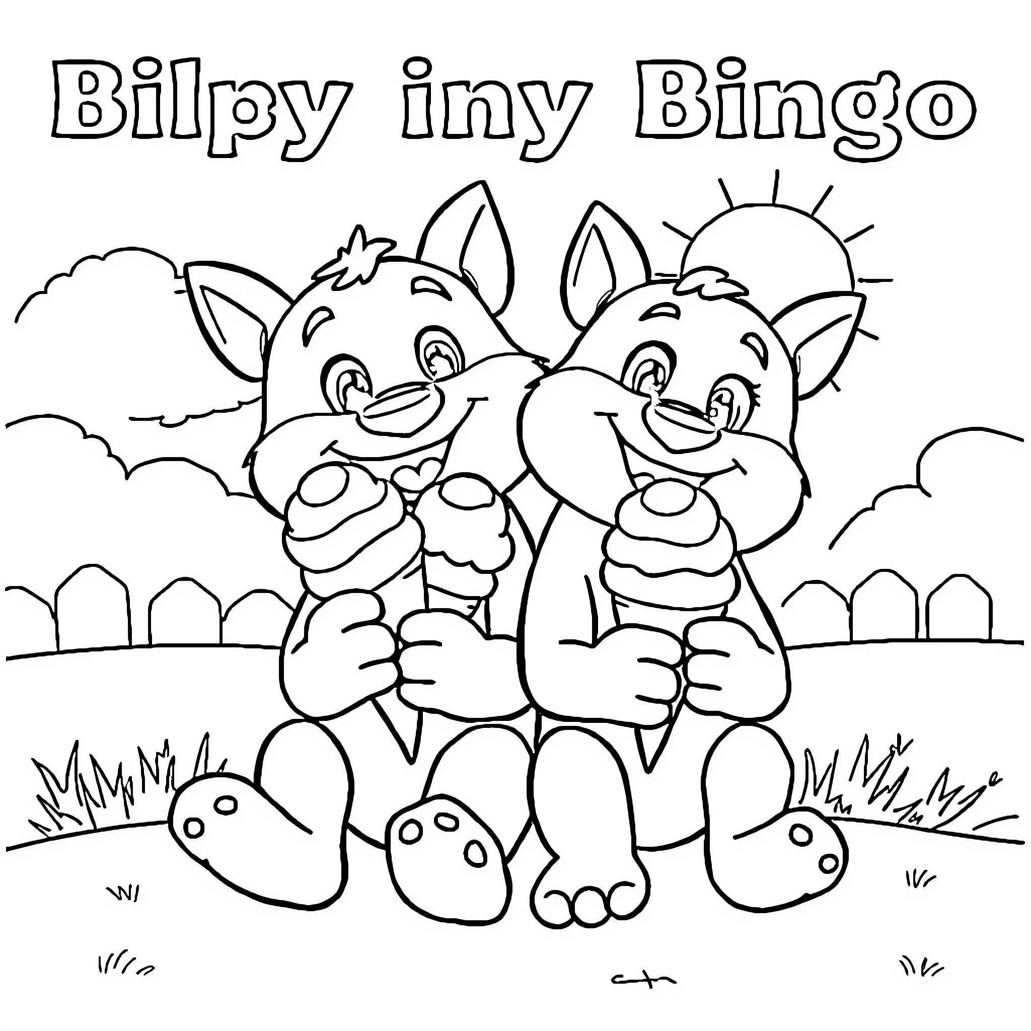 Bluey and Bingo Playing Together Happily Coloring Page (free black-and-white line drawing printable PDF for all, from beginners to advanced learners, including children, teens, adults, and seniors)