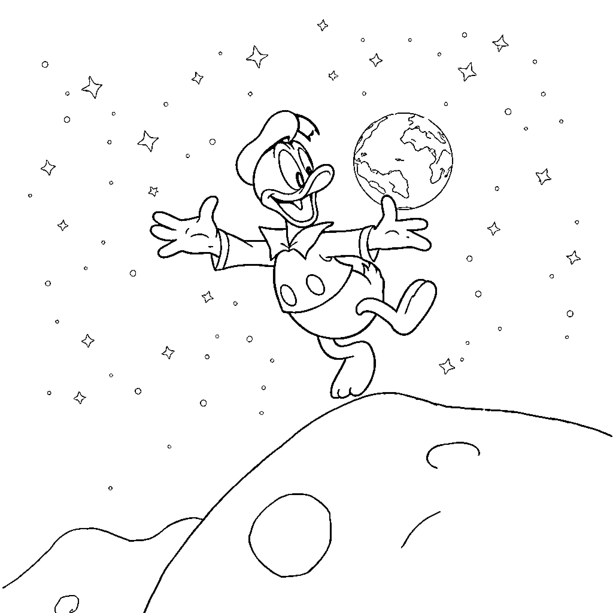 Donald Duck exploring the cosmic wonders of the universe Coloring Page (free black-and-white line drawing printable PDF for all, from beginners to advanced learners, including children, teens, adults, and seniors)