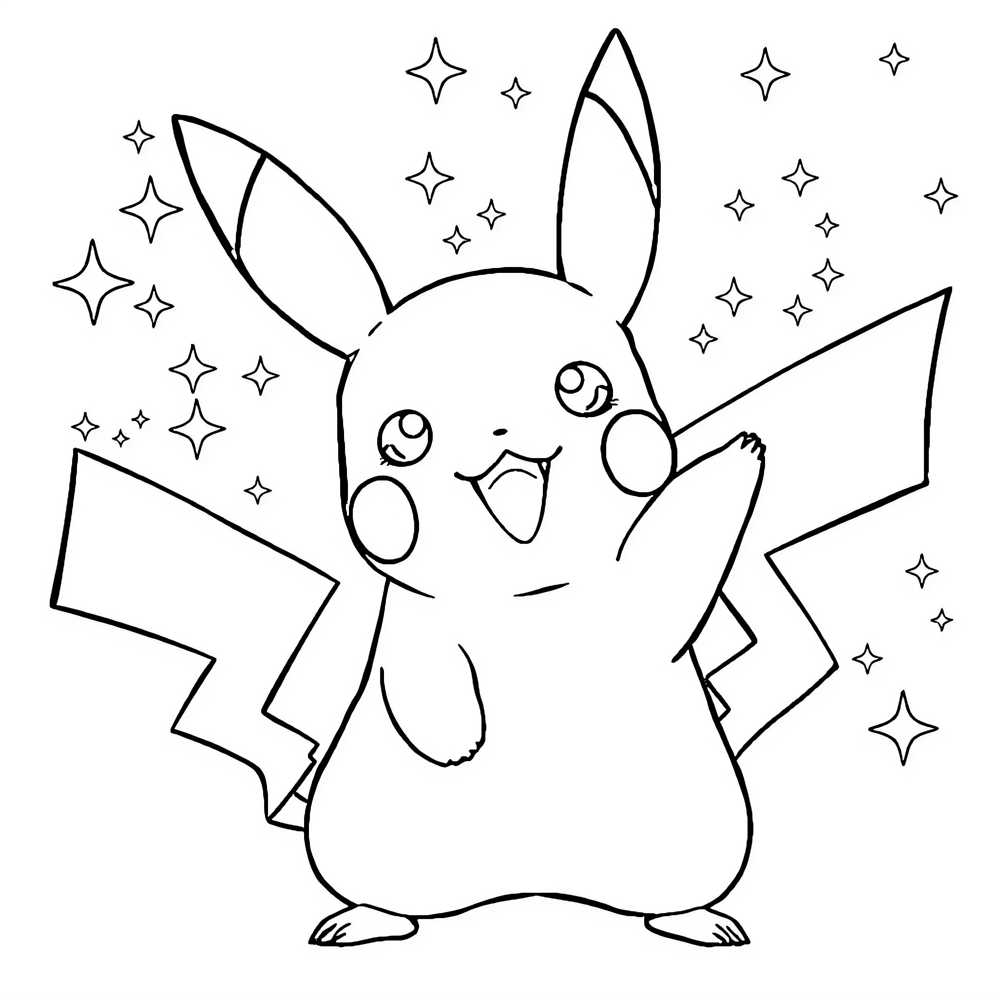 Pikachu enjoying a magical moment with stars Coloring Page (free black-and-white line drawing printable PDF for all, from beginners to advanced learners, including children, teens, adults, and seniors)