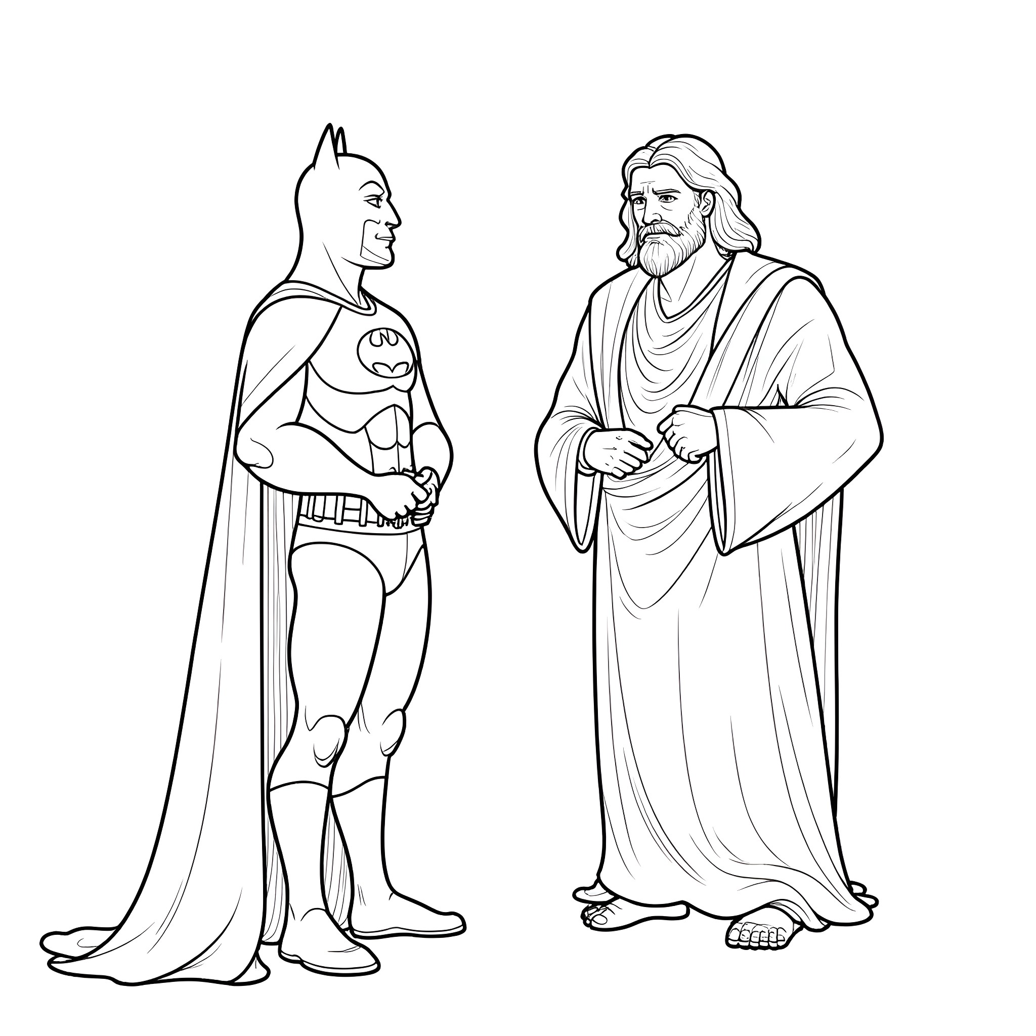 Batman and Jesus Christ in Dialogue Coloring Page (free black-and-white line drawing printable PDF for all, from beginners to advanced learners, including children, teens, adults, and seniors)