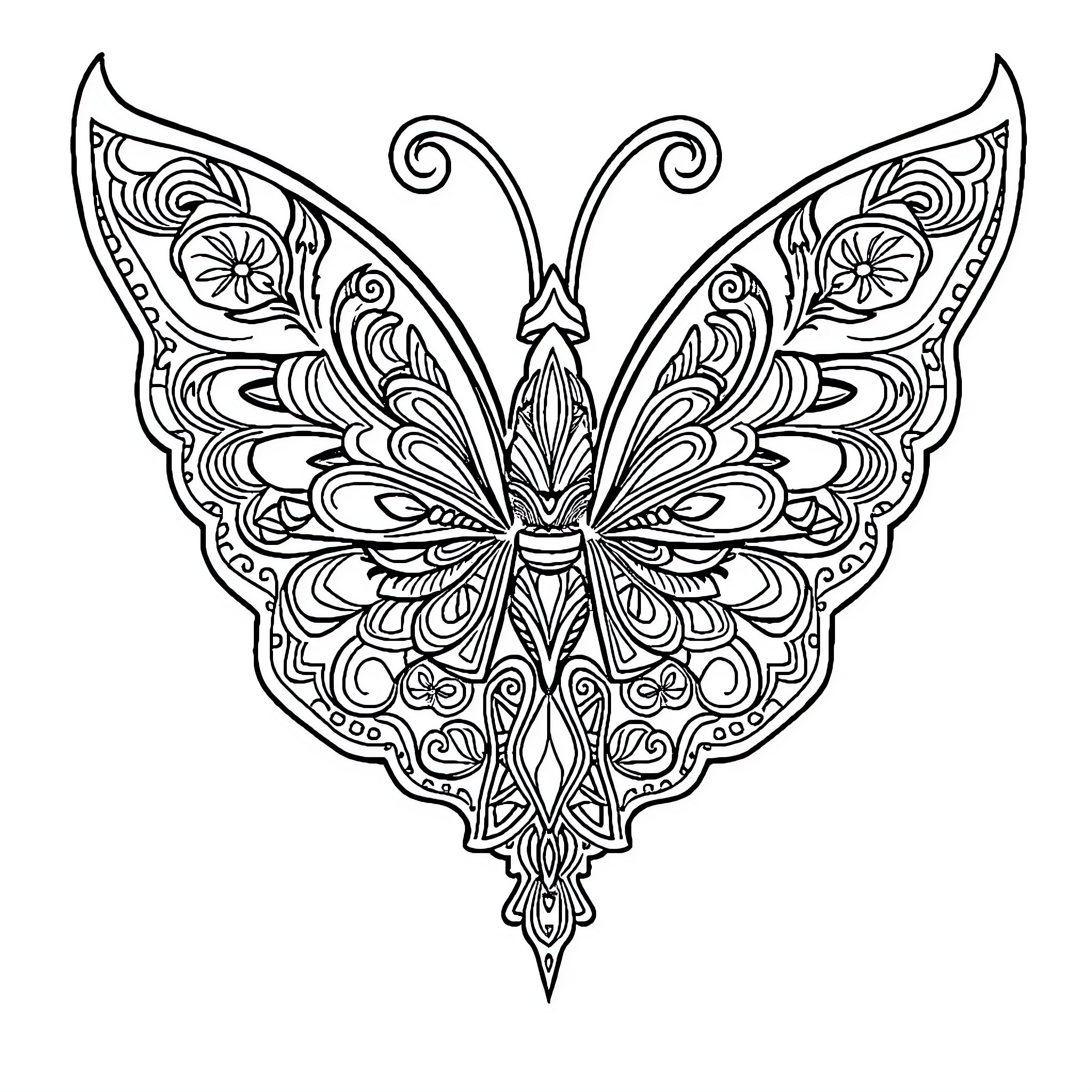 Butterfly with intricate floral designs Coloring Page (free black-and-white line drawing printable PDF for all, from beginners to advanced learners, including children, teens, adults, and seniors)