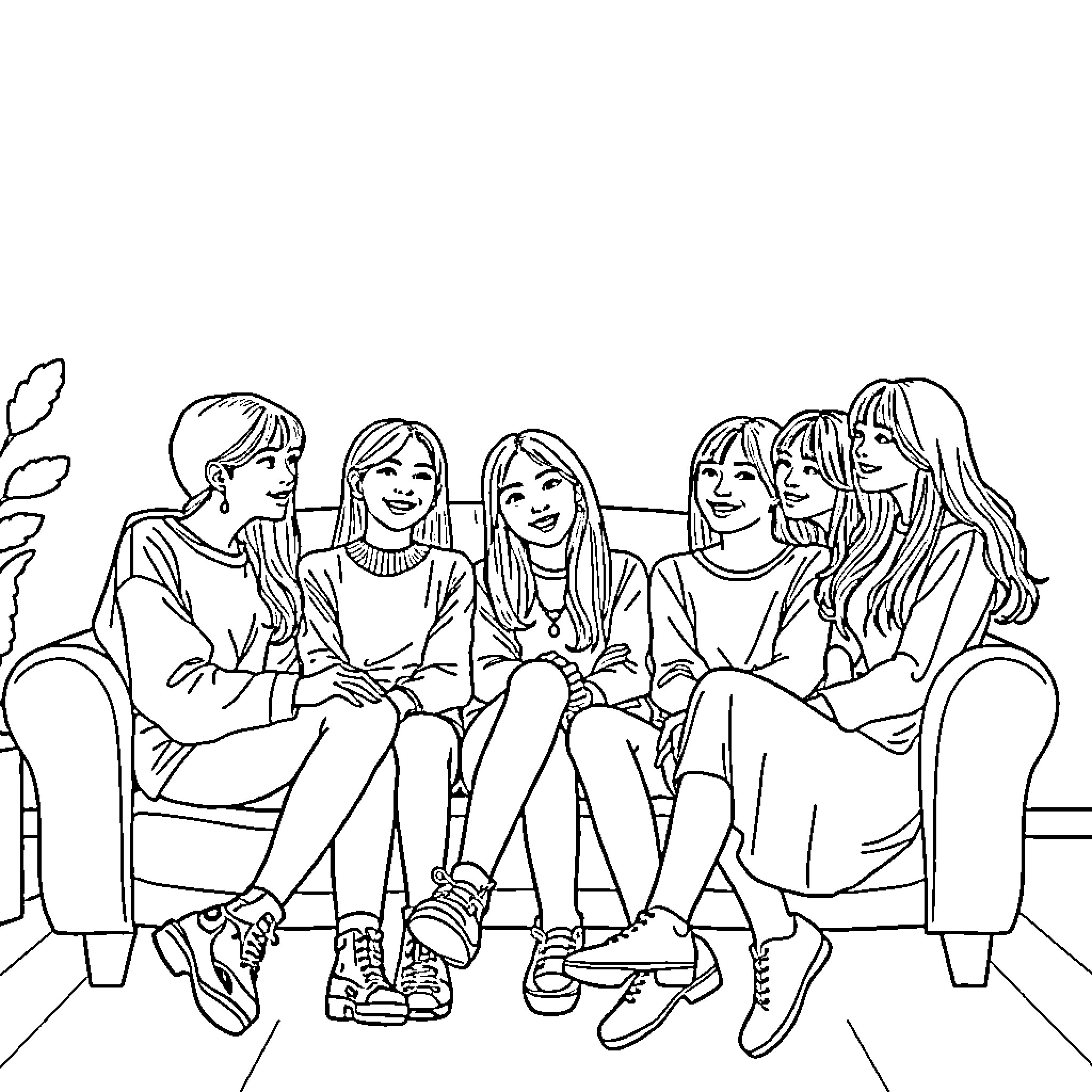 Kpop Stars Posing Together Casually Coloring Page (free black-and-white line drawing printable PDF for all, from beginners to advanced learners, including children, teens, adults, and seniors)