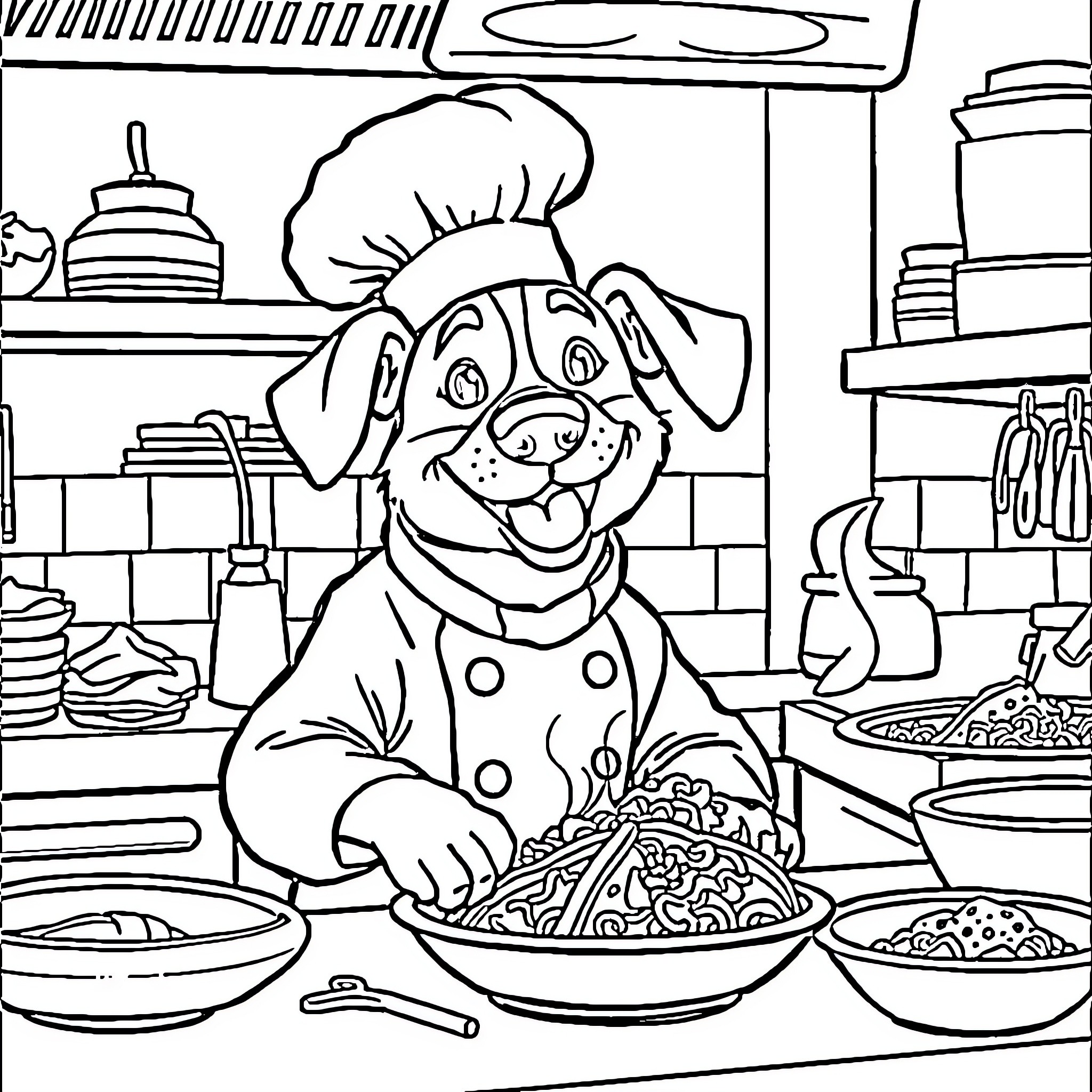 Dog Cooking Delicious Meal in the Kitchen Coloring Page (free black-and-white line drawing printable PDF for all, from beginners to advanced learners, including children, teens, adults, and seniors)