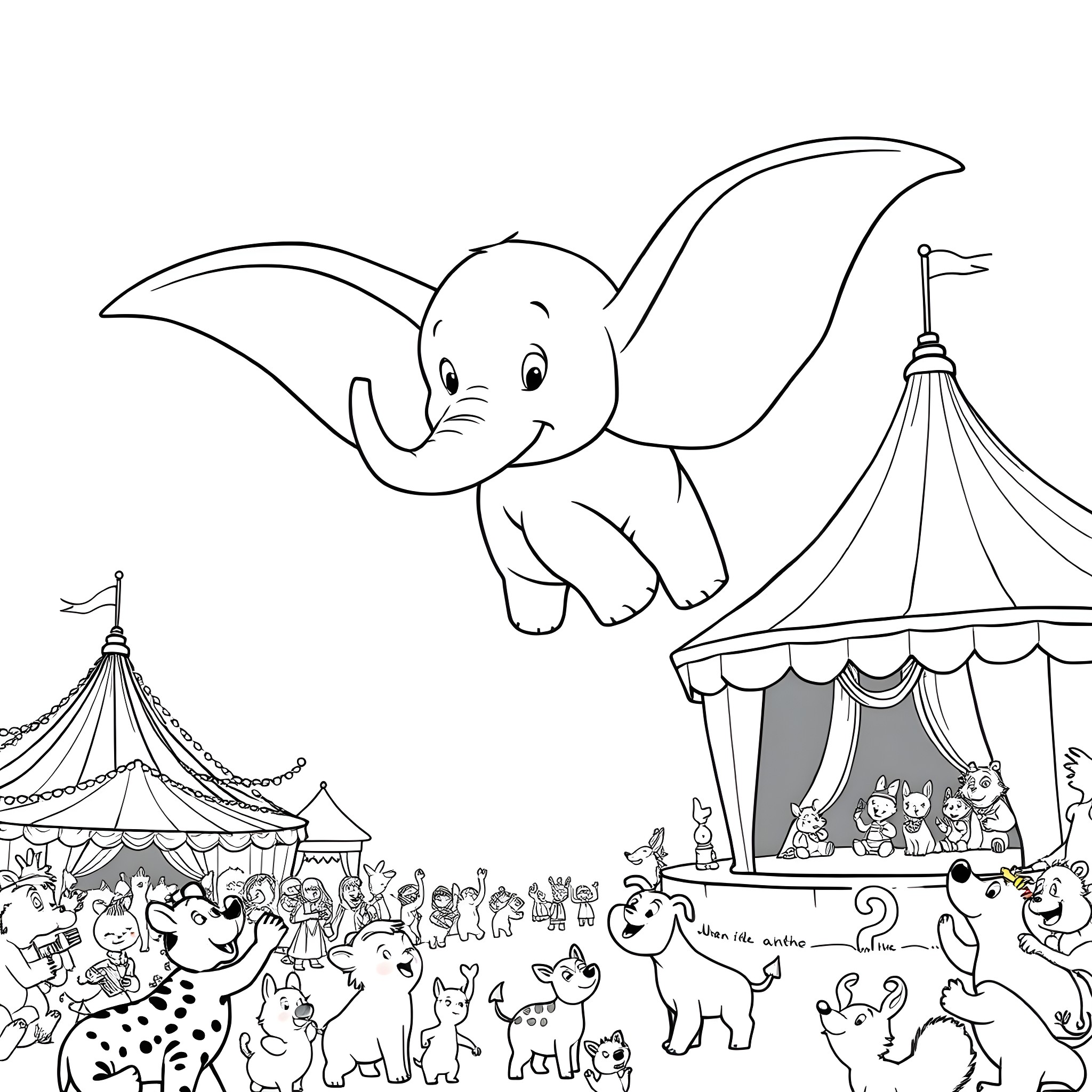 Dumbo the elephant flying over the circus Coloring Page (free black-and-white line drawing printable PDF for all, from beginners to advanced learners, including children, teens, adults, and seniors)