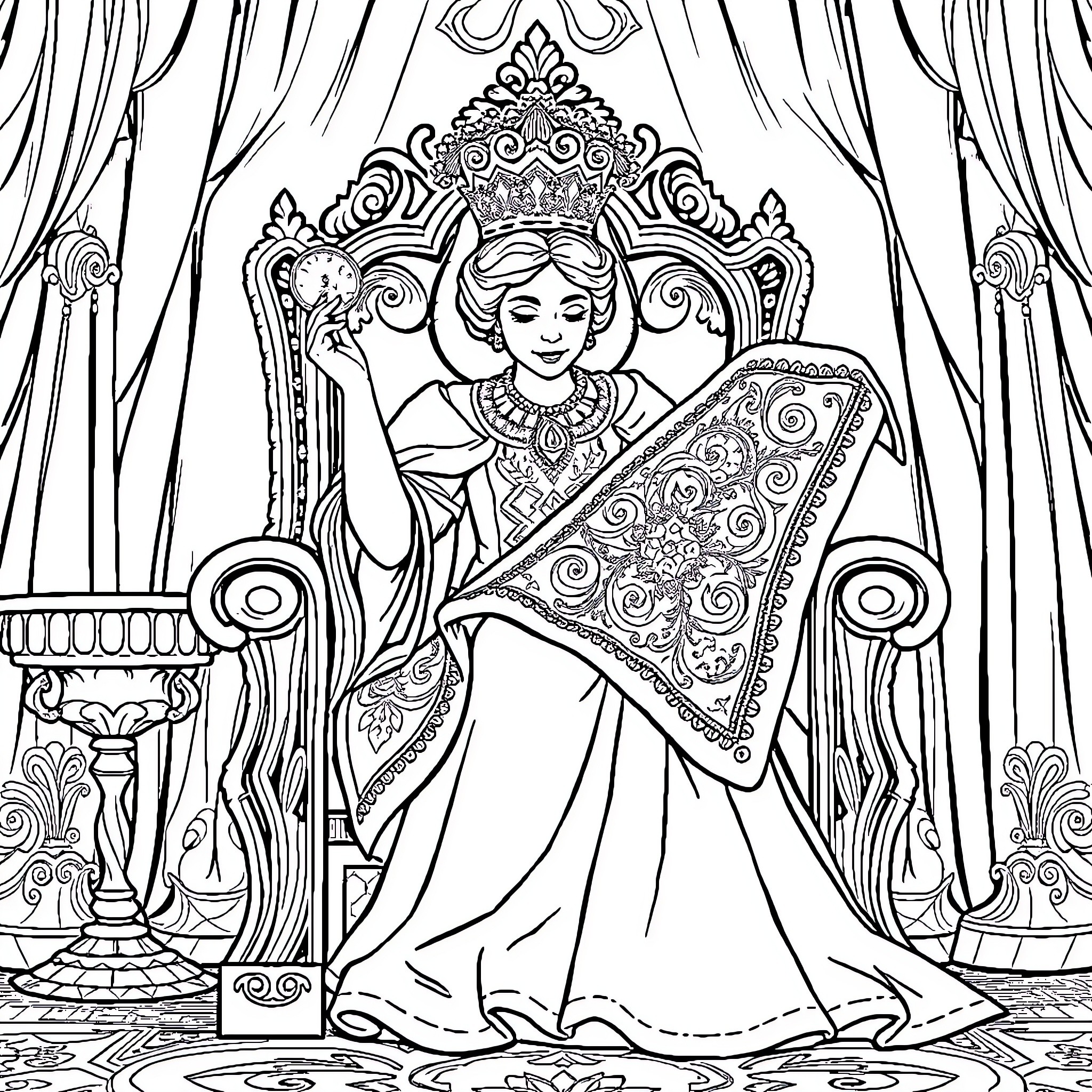 Queen sitting majestically on ornate throne Coloring Page (free black-and-white line drawing printable PDF for all, from beginners to advanced learners, including children, teens, adults, and seniors)