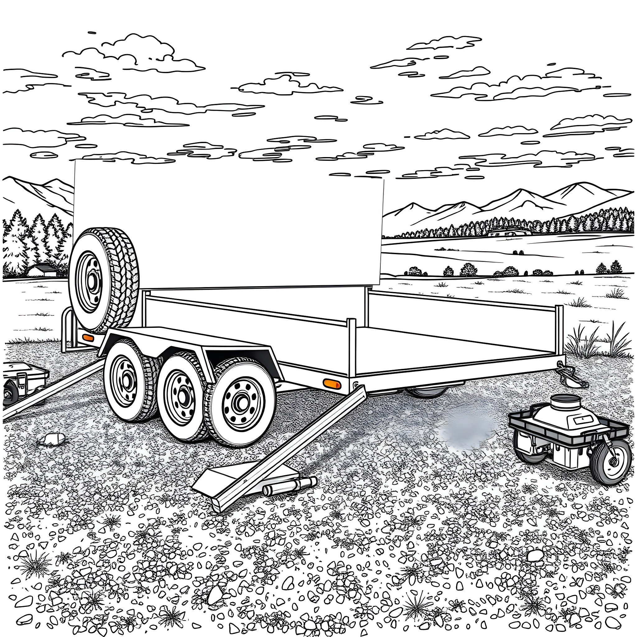 Car Trailer in Scenic Countryside Landscape Coloring Page (free black-and-white line drawing printable PDF for all, from beginners to advanced learners, including children, teens, adults, and seniors)