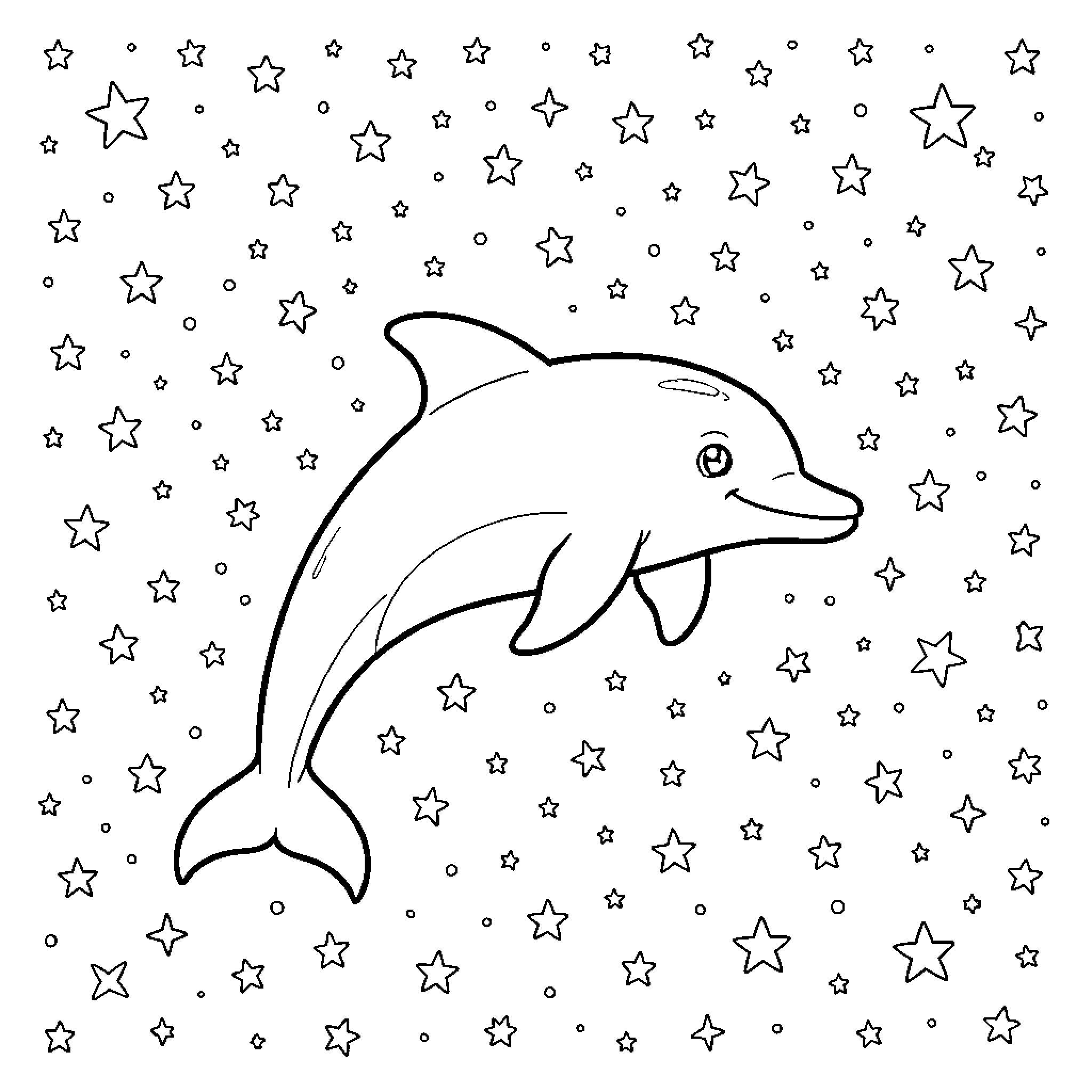 Dolphin swimming among the stars Coloring Page (free black-and-white line drawing printable PDF for all, from beginners to advanced learners, including children, teens, adults, and seniors)