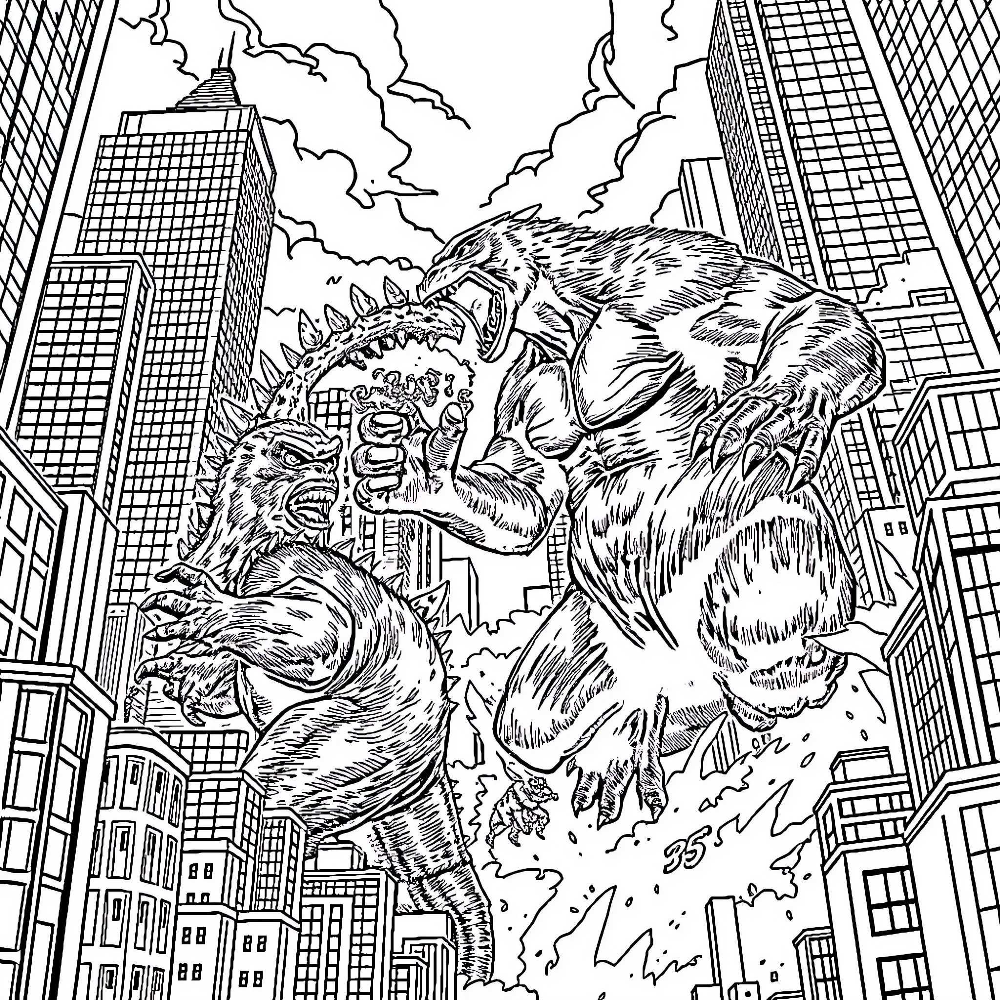 Godzilla rampaging through the city skyscrapers Coloring Page (free black-and-white line drawing printable PDF for all, from beginners to advanced learners, including children, teens, adults, and seniors)