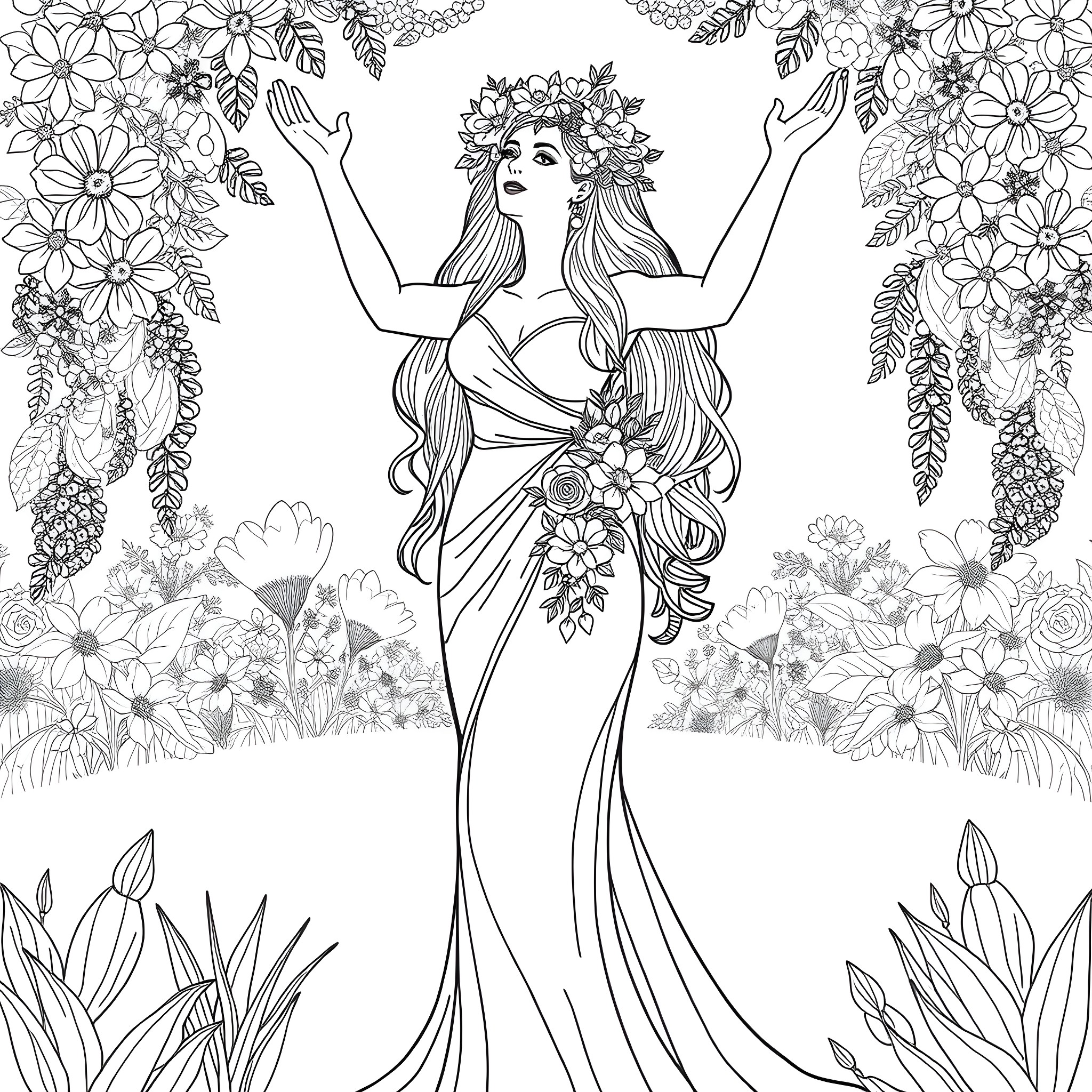 Woman in floral dress celebrating with arms raised Coloring Page (free black-and-white line drawing printable PDF for all, from beginners to advanced learners, including children, teens, adults, and seniors)