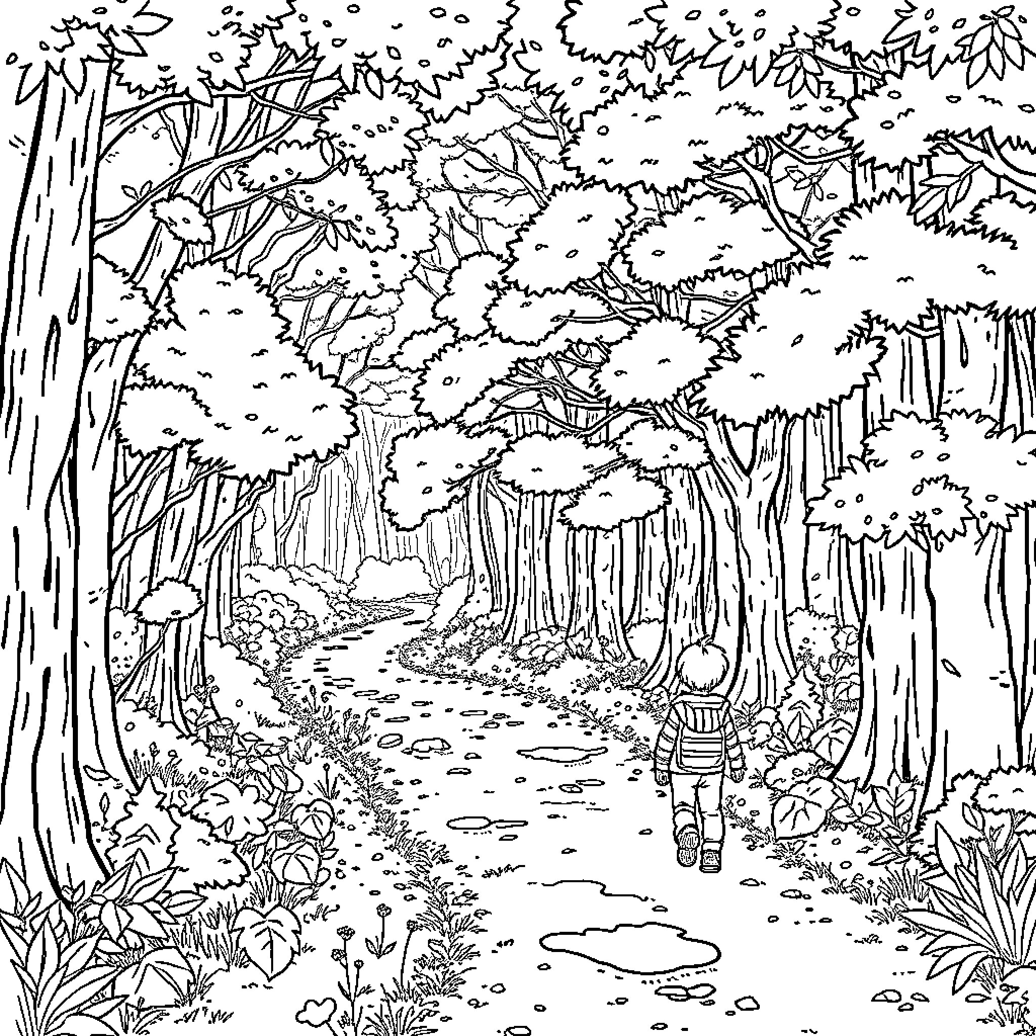 Niño exploring the enchanting forest path Coloring Page (free black-and-white line drawing printable PDF for all, from beginners to advanced learners, including children, teens, adults, and seniors)