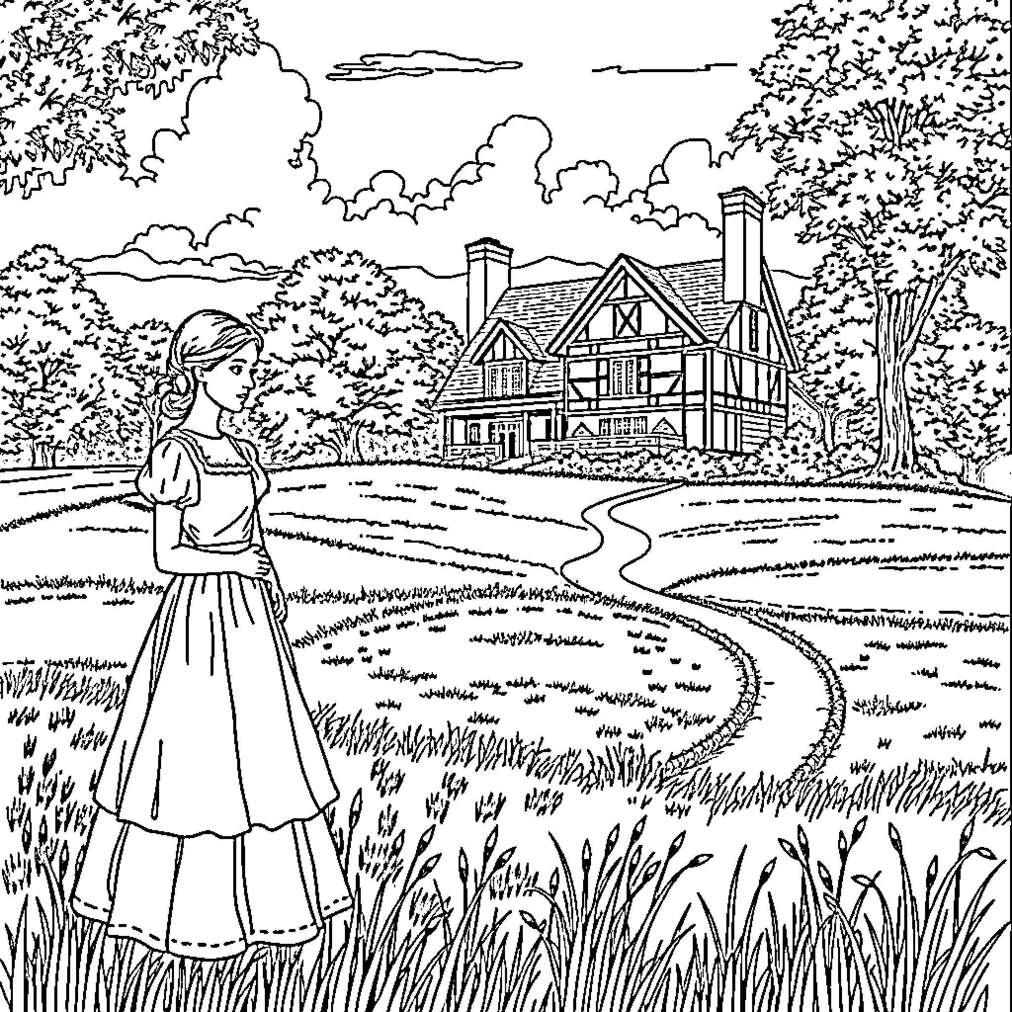 Anne's Rural Stroll in Tranquil Surroundings Coloring Page (free black-and-white line drawing printable PDF for all, from beginners to advanced learners, including children, teens, adults, and seniors)