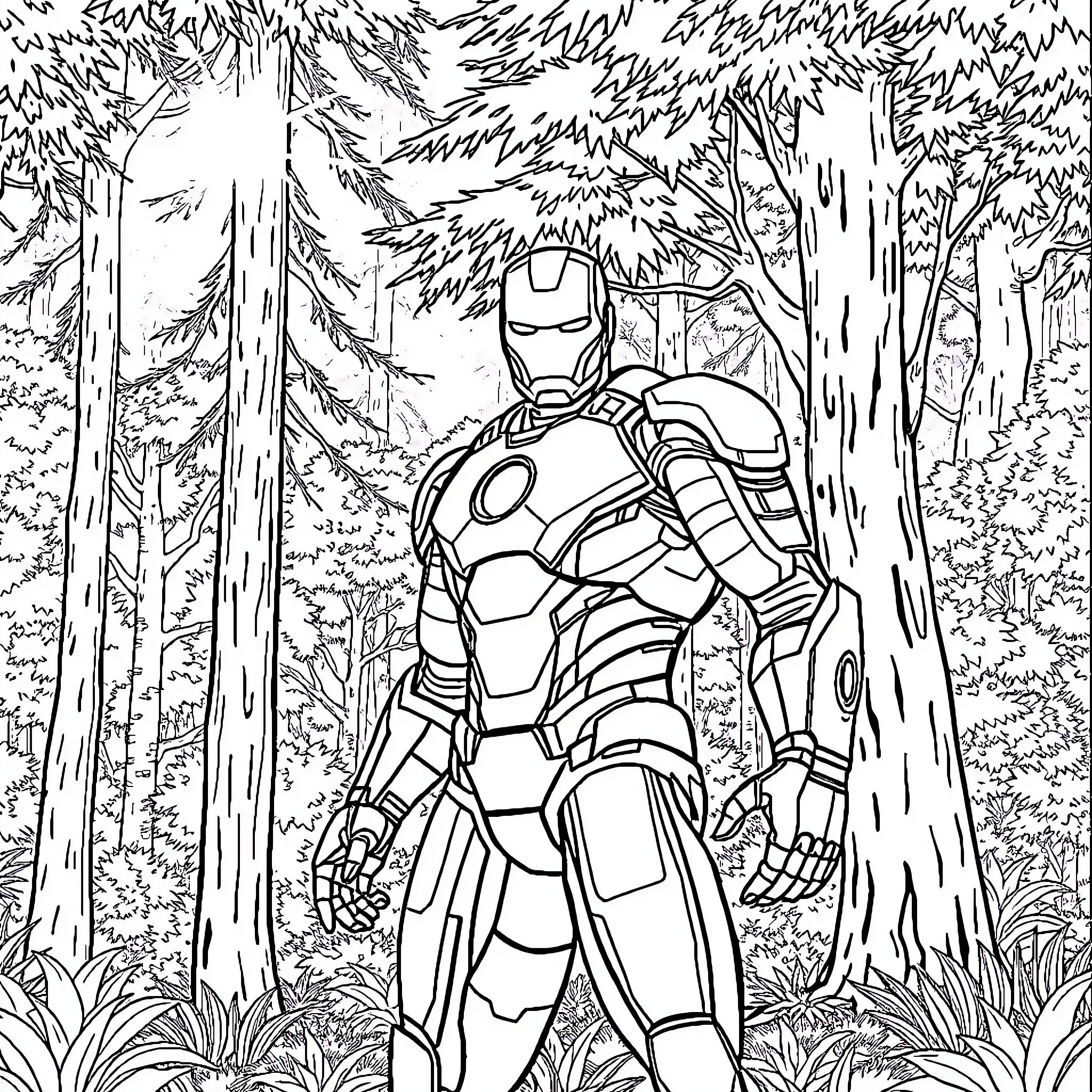 Iron Man traversing through the dense forest Coloring Page (free black-and-white line drawing printable PDF for all, from beginners to advanced learners, including children, teens, adults, and seniors)