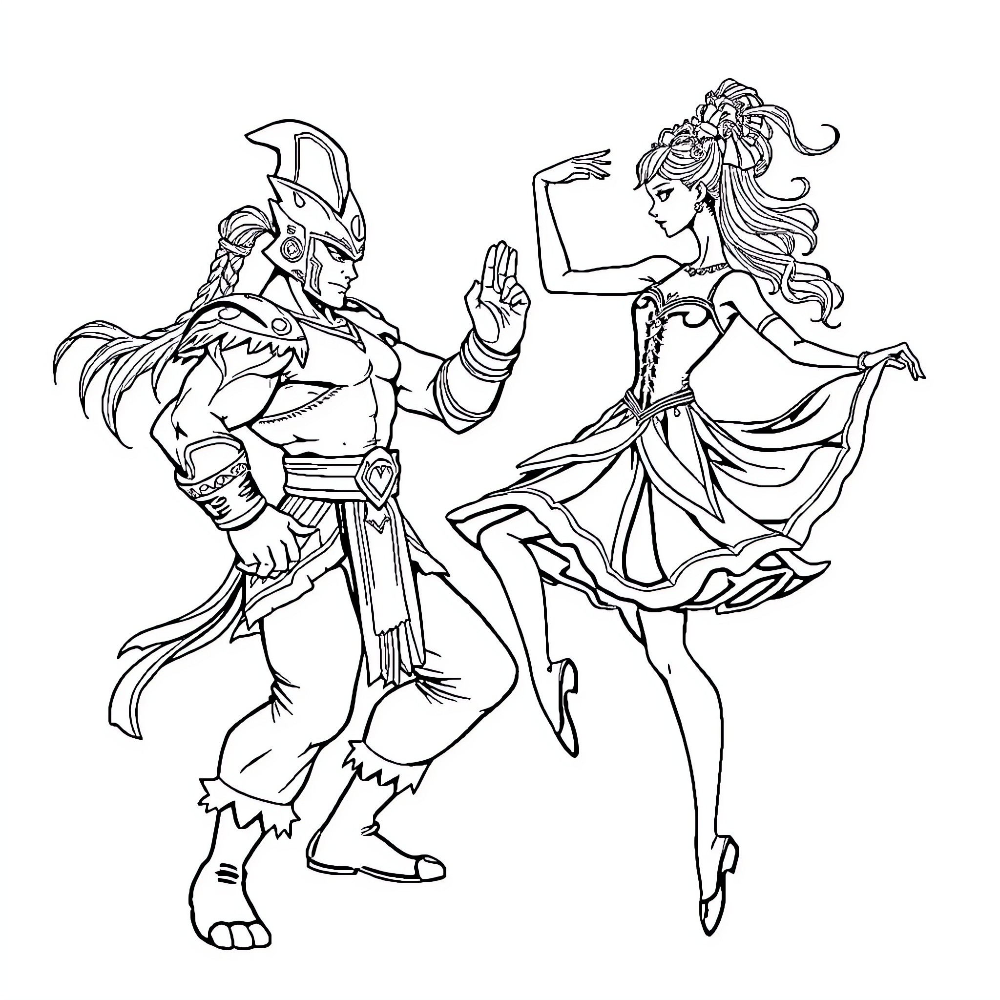 Ballerina and warrior in dance-like poses Coloring Page (free black-and-white line drawing printable PDF for all, from beginners to advanced learners, including children, teens, adults, and seniors)