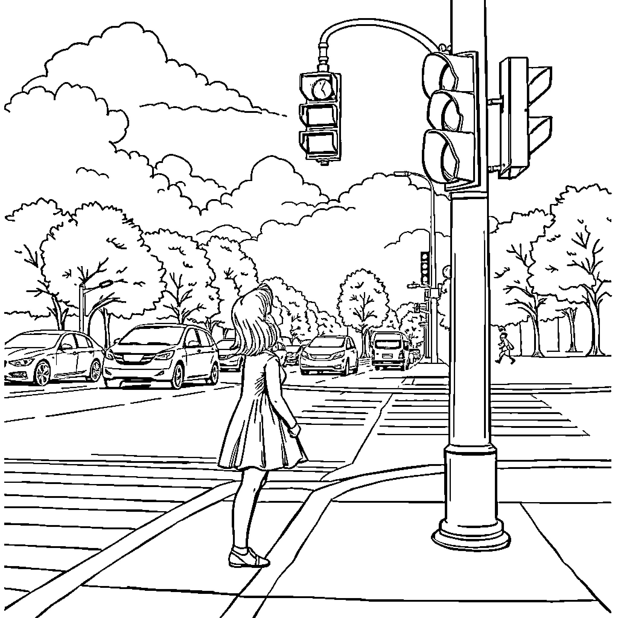 Girl walking through city intersection Coloring Page (free black-and-white line drawing printable PDF for all, from beginners to advanced learners, including children, teens, adults, and seniors)