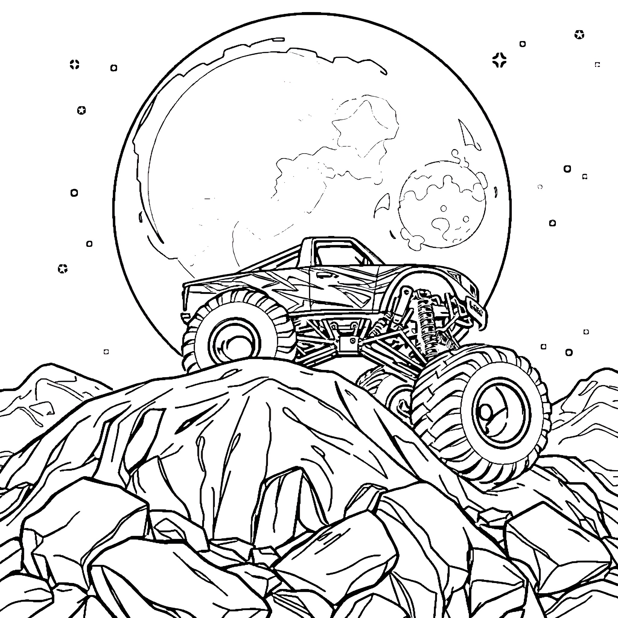 Monster Truck Conquering Rocky Terrain Under the Moonlight Coloring Page (free black-and-white line drawing printable PDF for all, from beginners to advanced learners, including children, teens, adults, and seniors)