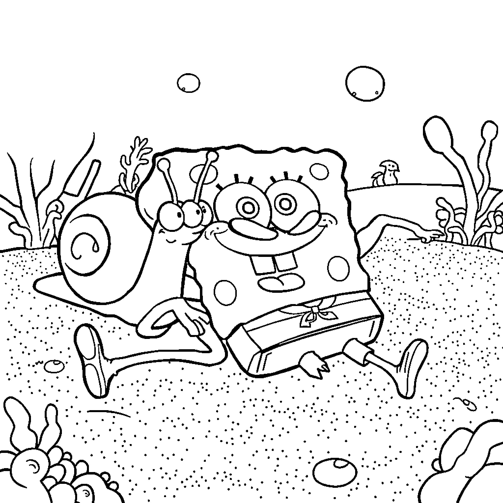 Spongebob and Gary explore the underwater world Coloring Page (free black-and-white line drawing printable PDF for all, from beginners to advanced learners, including children, teens, adults, and seniors)