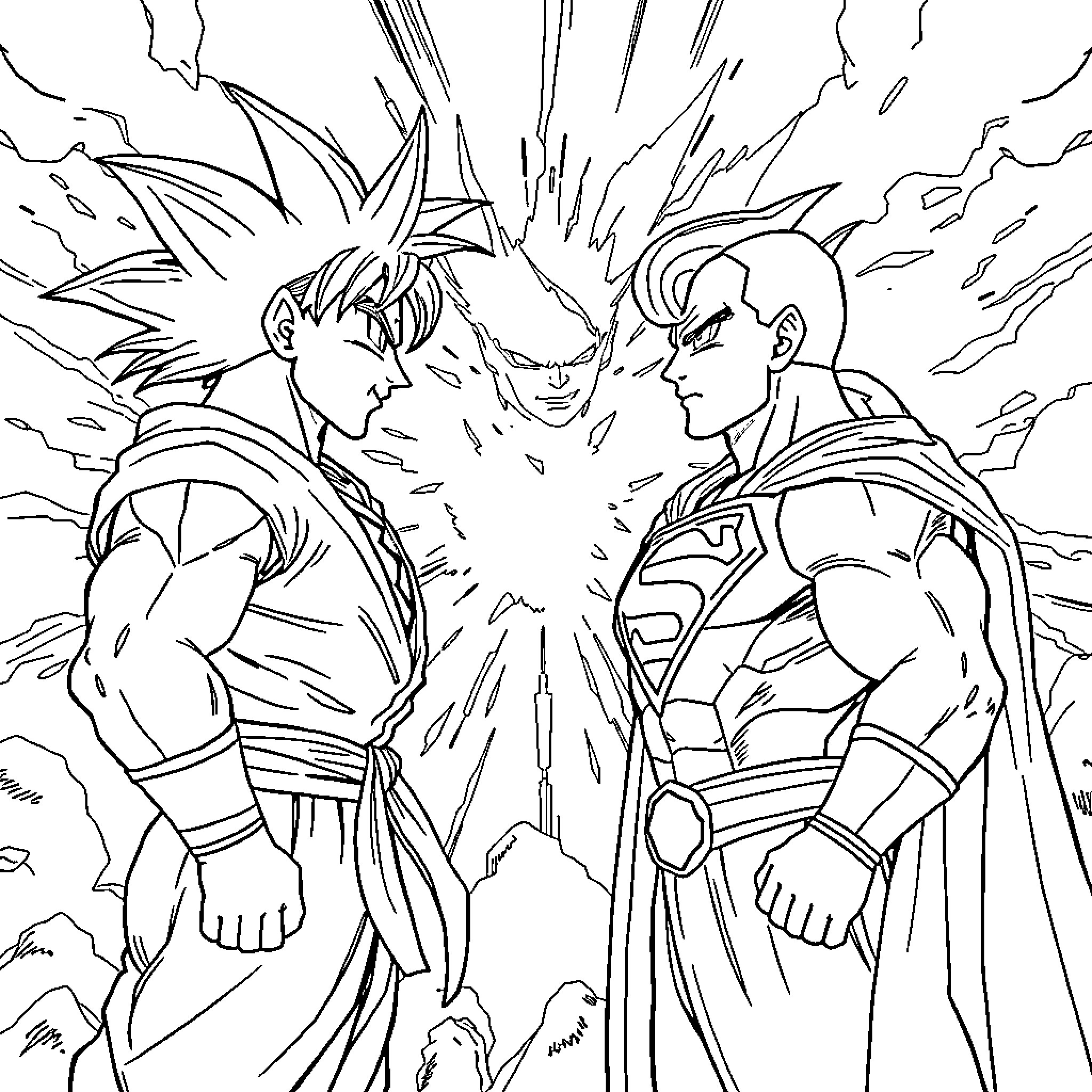 Goku's heroic clash with a powerful foe Coloring Page (free black-and-white line drawing printable PDF for all, from beginners to advanced learners, including children, teens, adults, and seniors)
