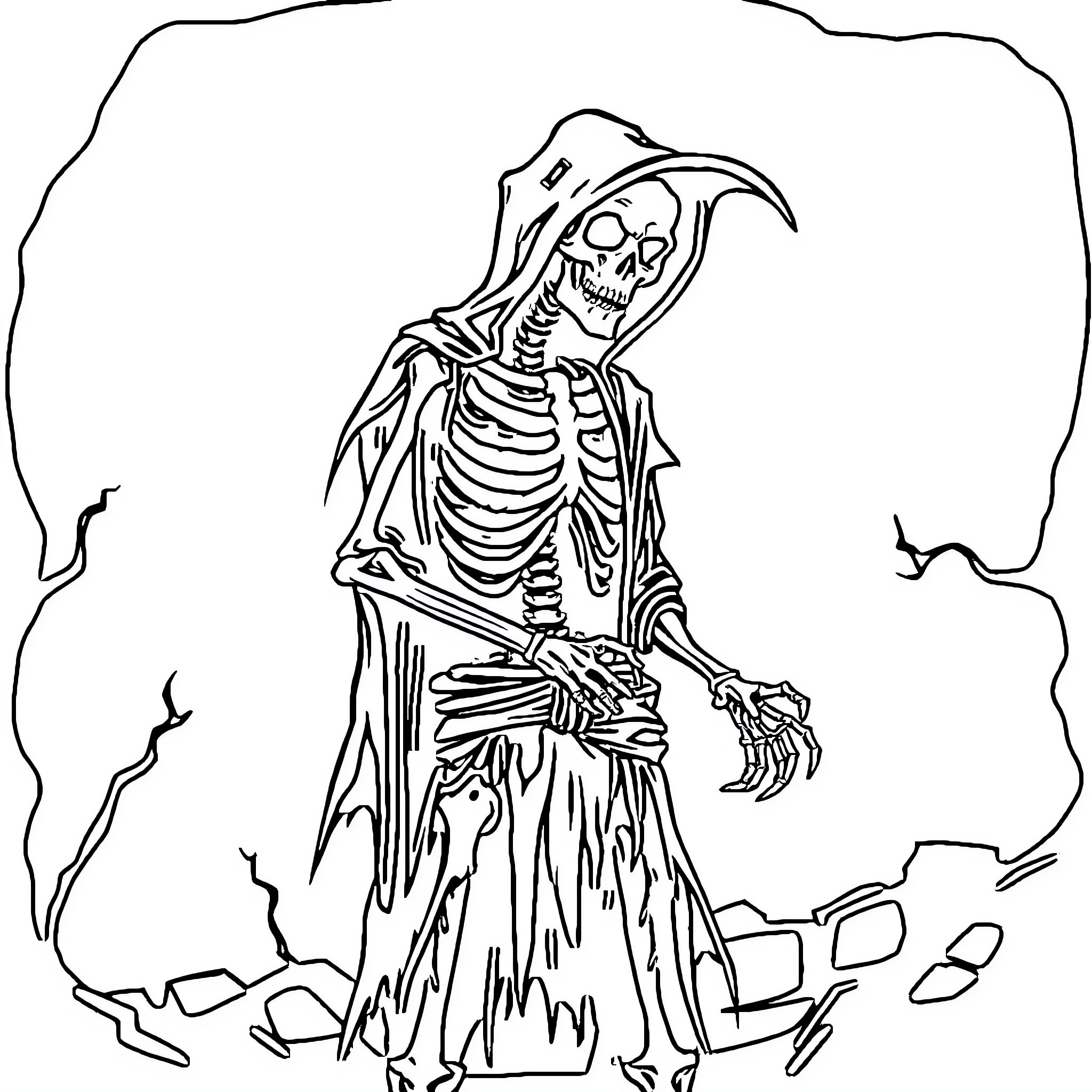 Skeleton standing among the ruins Coloring Page (free black-and-white line drawing printable PDF for all, from beginners to advanced learners, including children, teens, adults, and seniors)