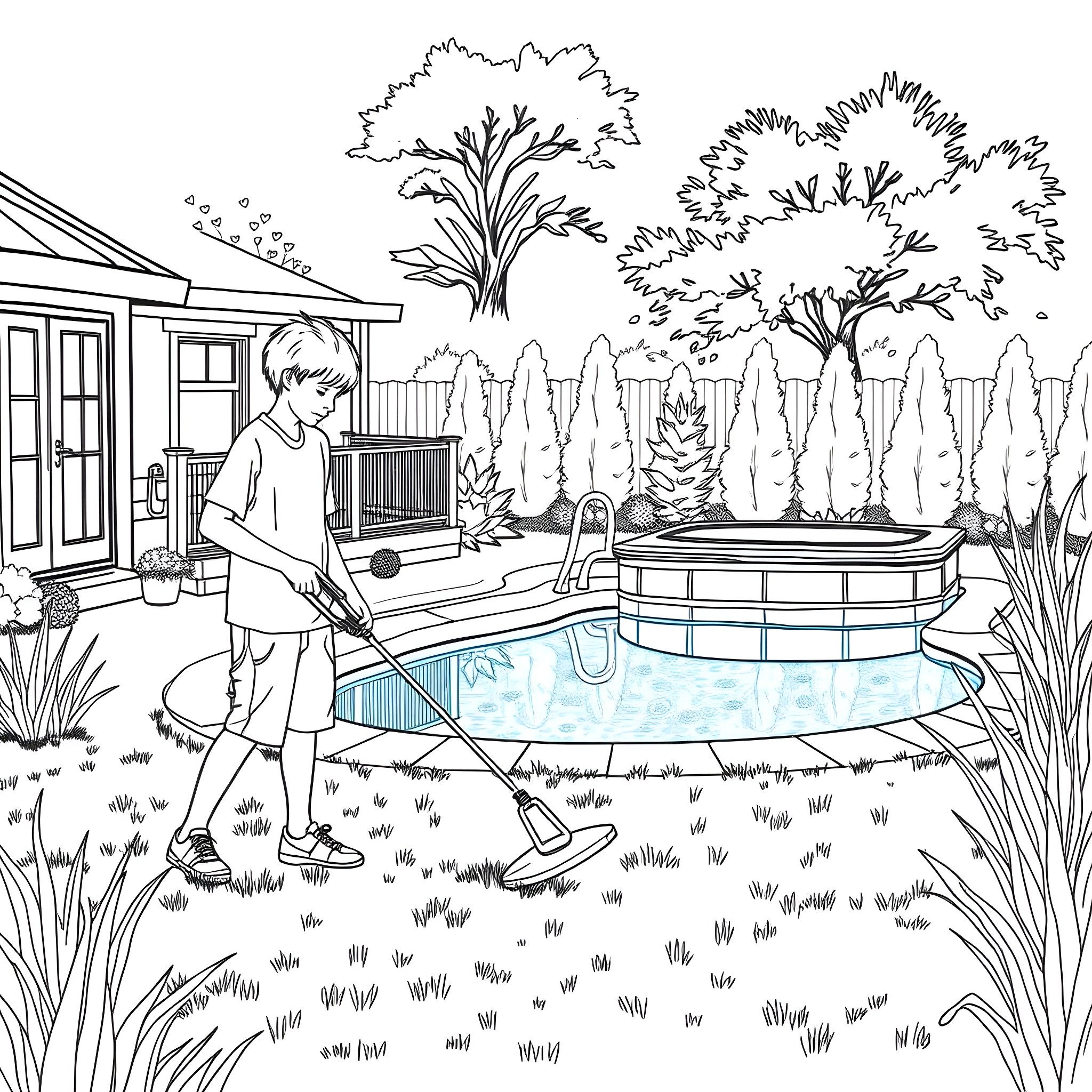 Teen Guy Cleaning Swimming Pool on a Summer Day Coloring Page (free black-and-white line drawing printable PDF for all, from beginners to advanced learners, including children, teens, adults, and seniors)