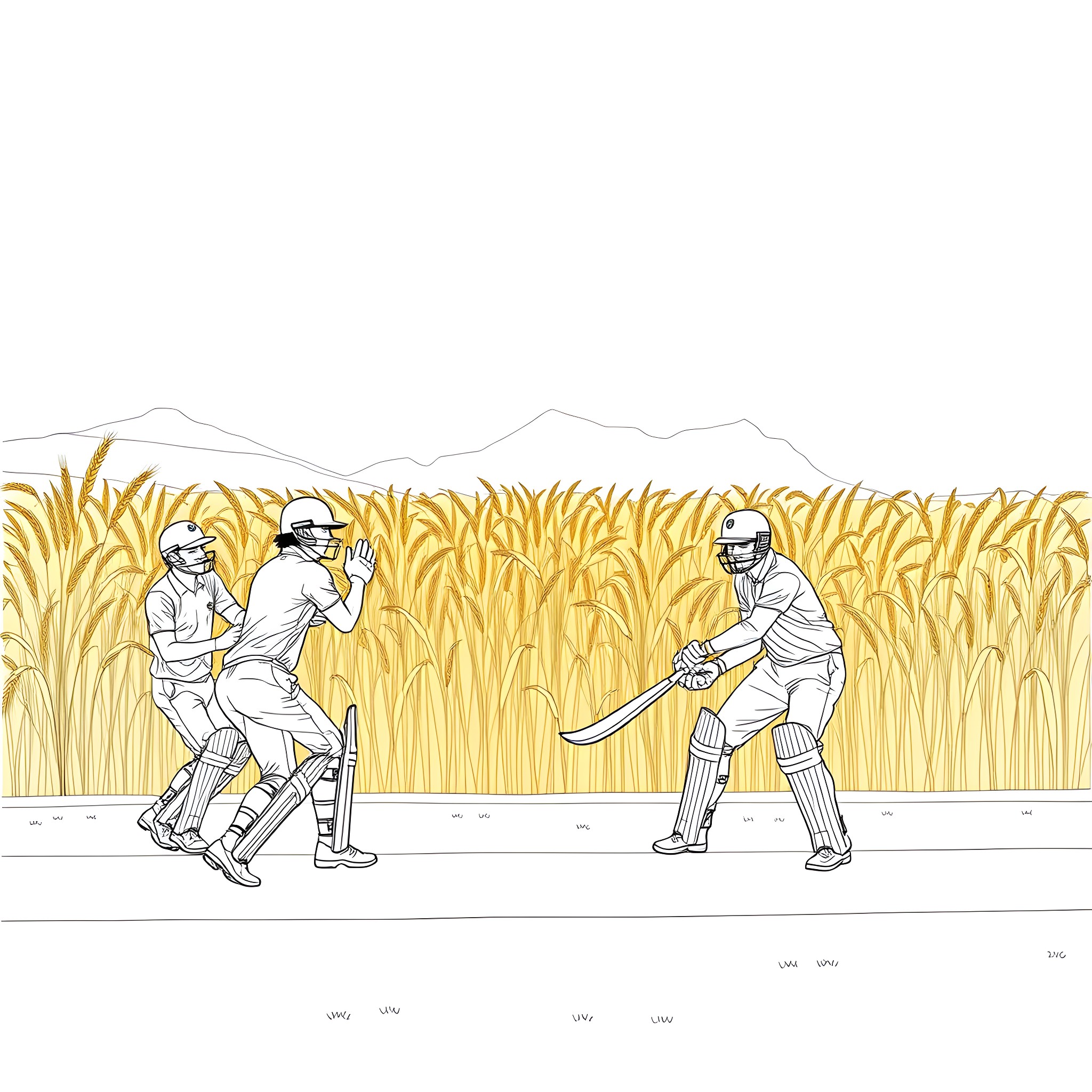 Cricket Team in Action on the Field Coloring Page (free black-and-white line drawing printable PDF for all, from beginners to advanced learners, including children, teens, adults, and seniors)