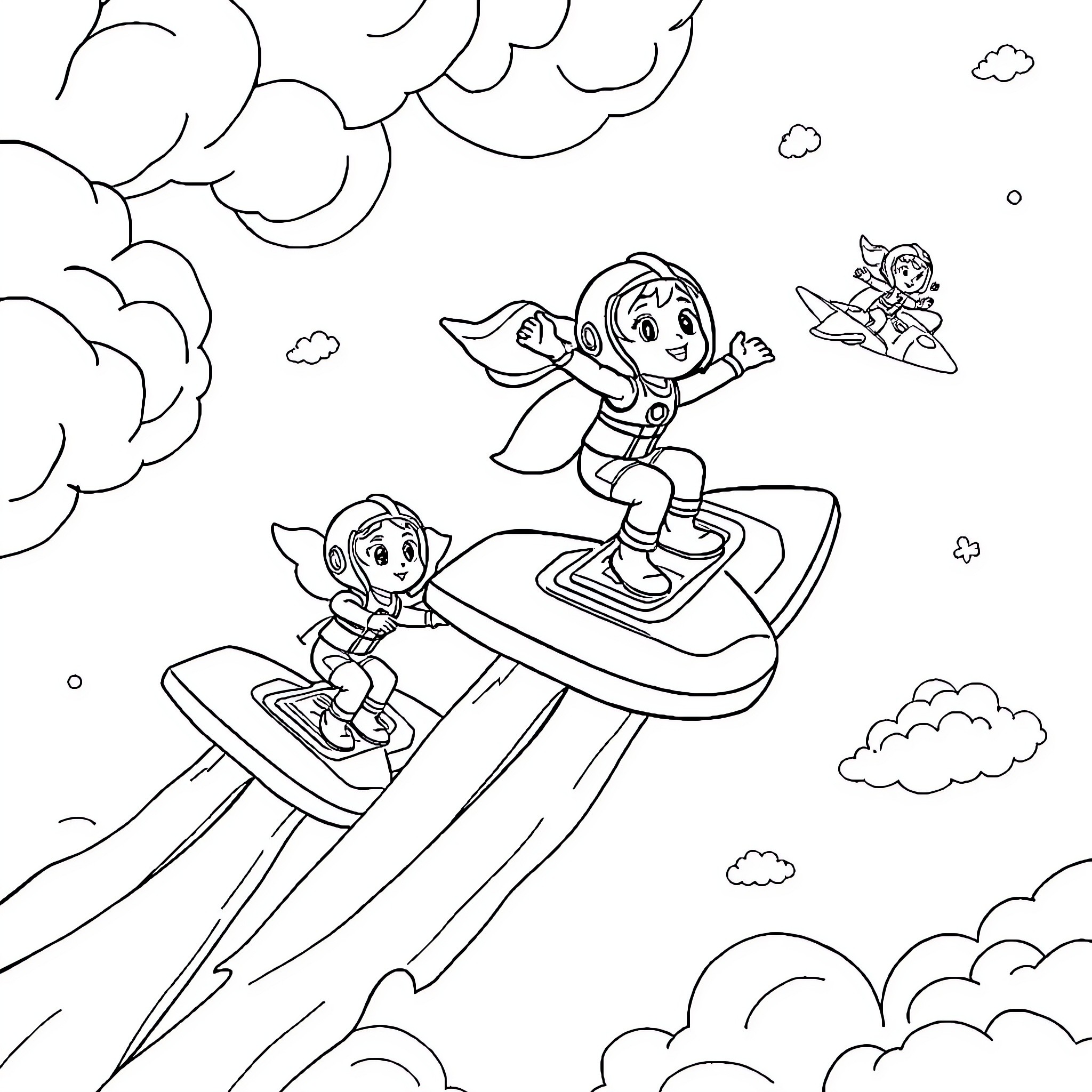 Go Jetters riding hovercraft adventures in the sky Coloring Page (free black-and-white line drawing printable PDF for all, from beginners to advanced learners, including children, teens, adults, and seniors)