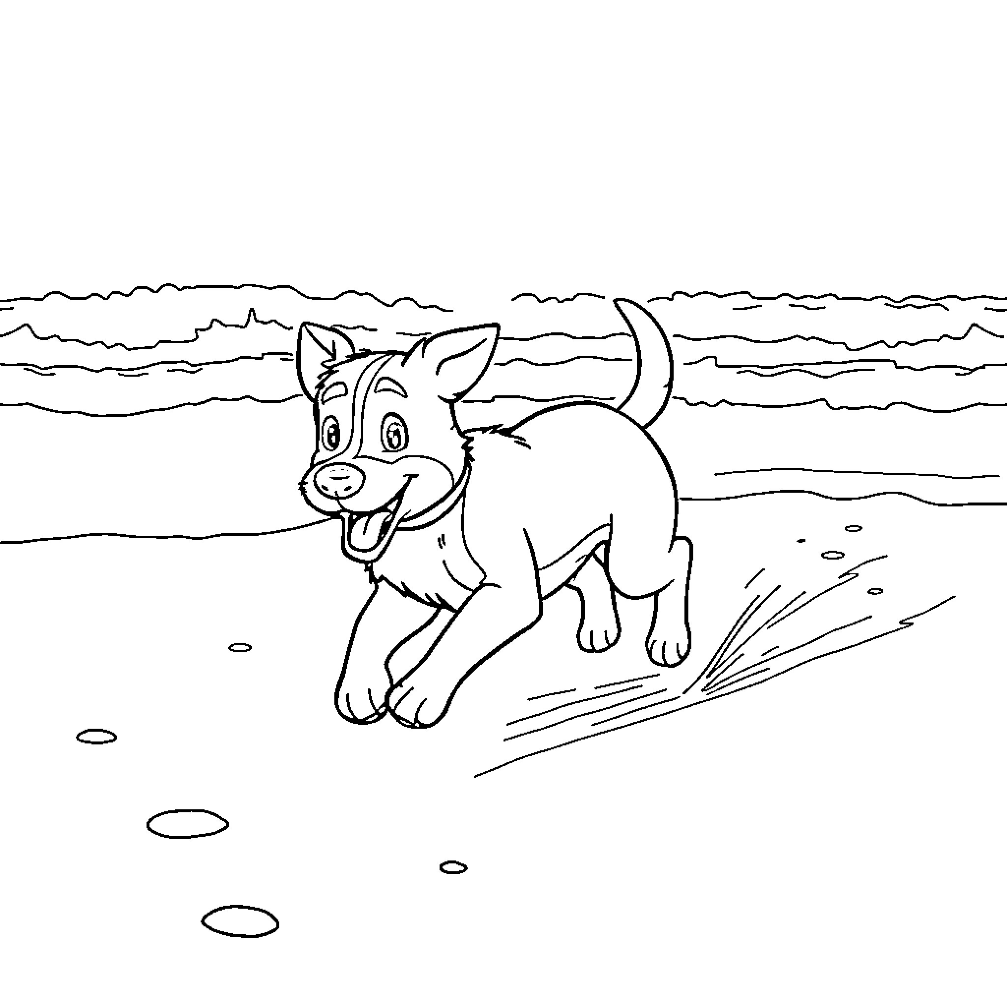Bluey running playfully on the beach Coloring Page (free black-and-white line drawing printable PDF for all, from beginners to advanced learners, including children, teens, adults, and seniors)
