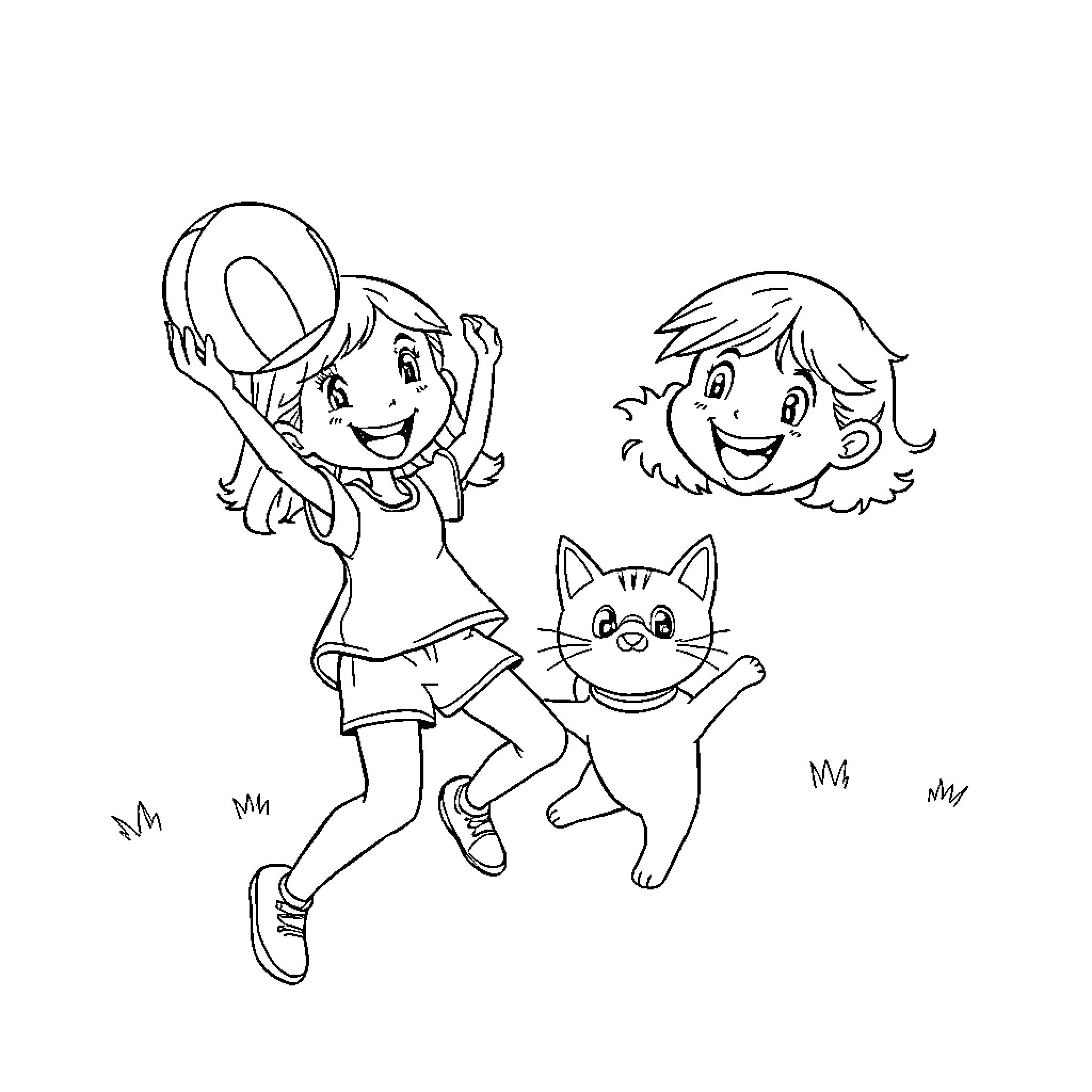 Cat and children playing happily together Coloring Page (free black-and-white line drawing printable PDF for all, from beginners to advanced learners, including children, teens, adults, and seniors)