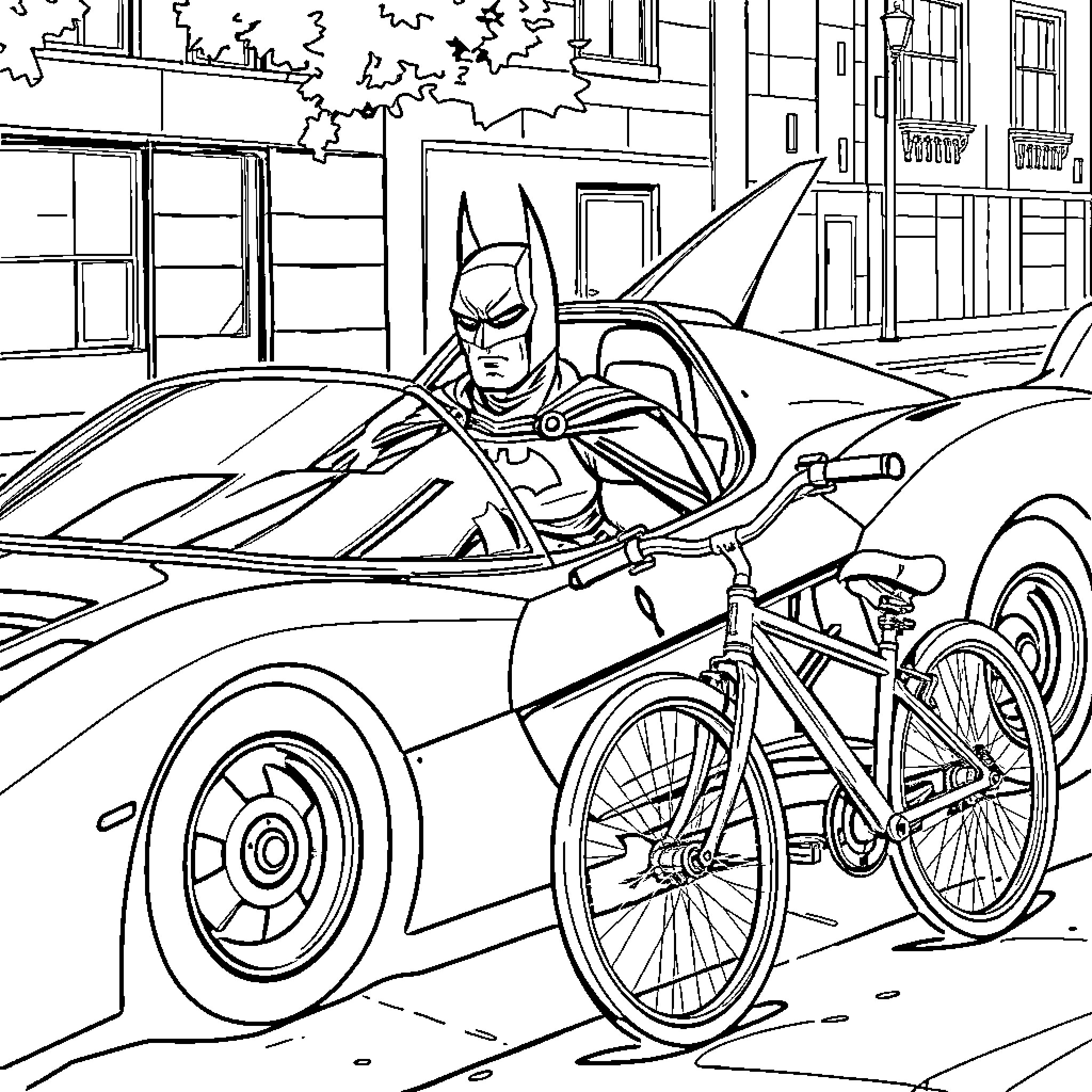 Batmobile with Batman riding a bicycle in the city Coloring Page (free black-and-white line drawing printable PDF for all, from beginners to advanced learners, including children, teens, adults, and seniors)