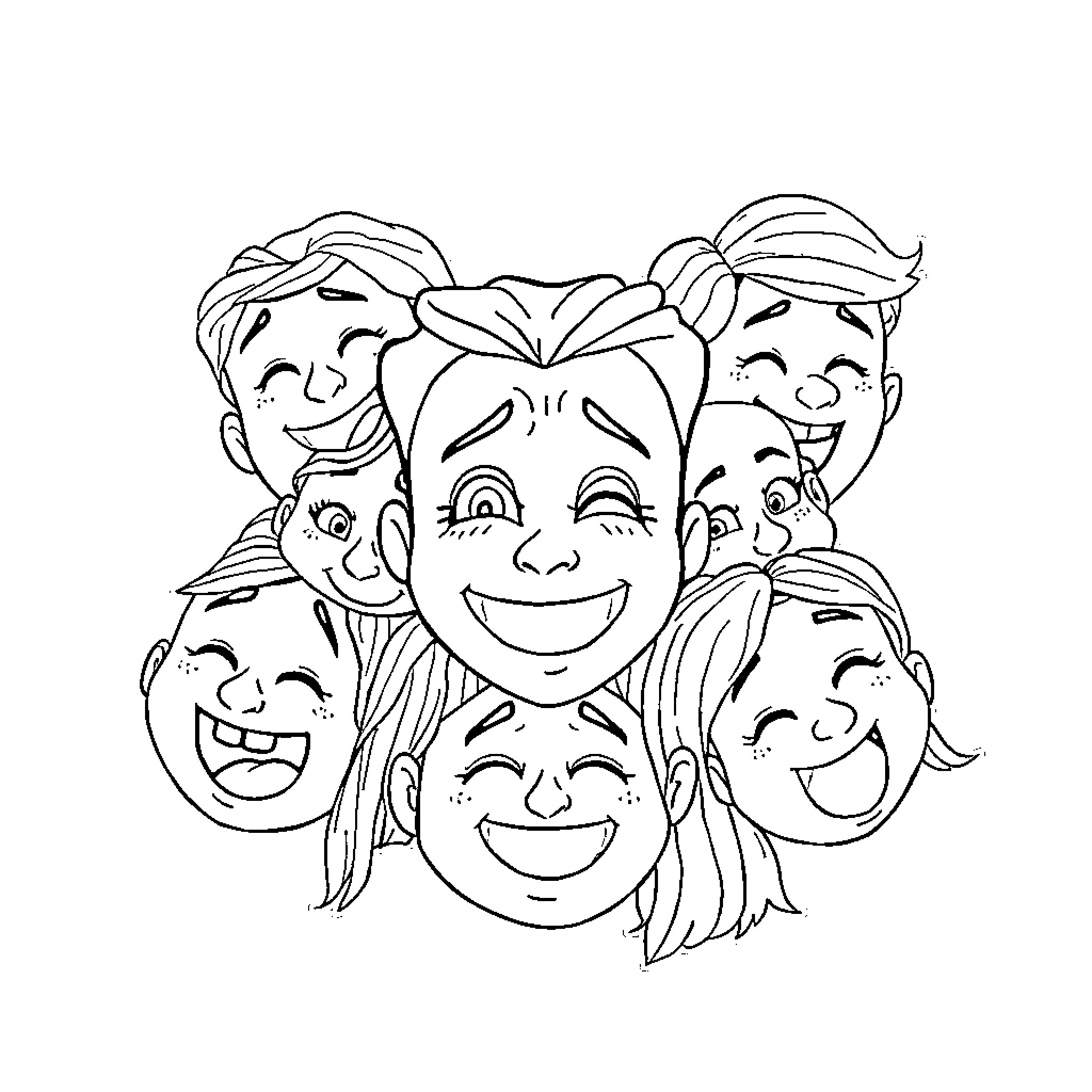 Emotion of happy and cheerful faces Coloring Page (free black-and-white line drawing printable PDF for all, from beginners to advanced learners, including children, teens, adults, and seniors)