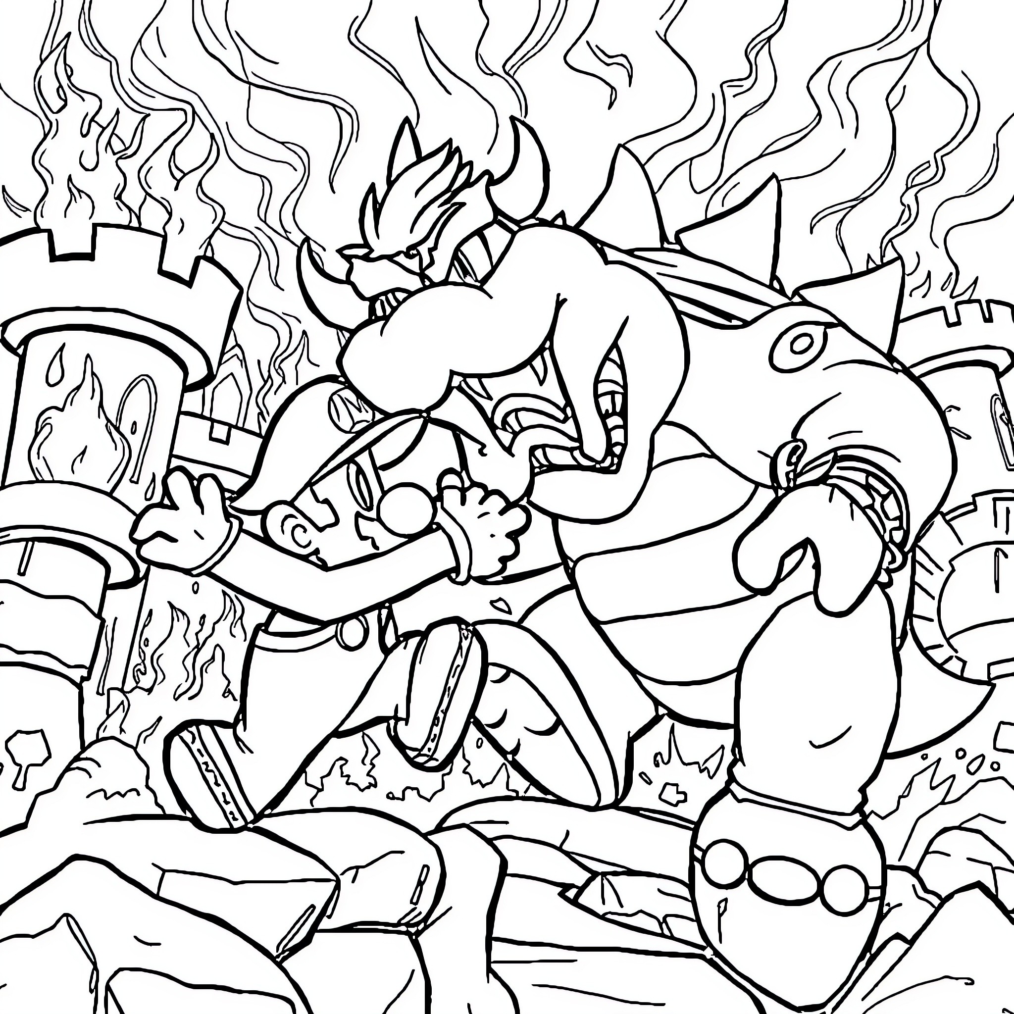 Mario in an Intense Battle Scene Coloring Page (free black-and-white line drawing printable PDF for all, from beginners to advanced learners, including children, teens, adults, and seniors)